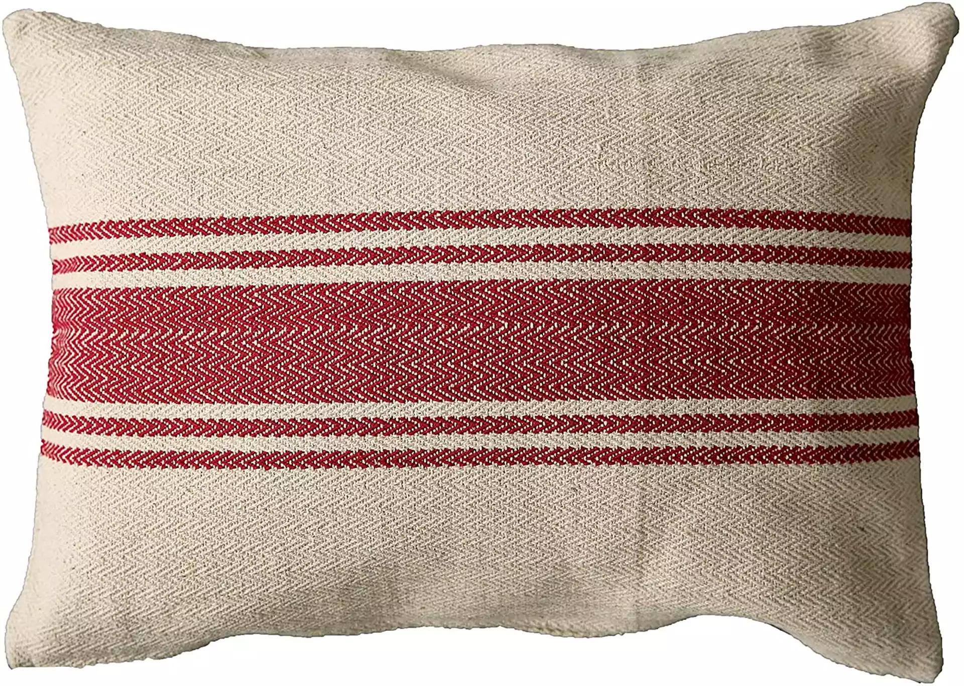 Cream Cotton Canvas Lumbar Pillow, Red, 20" x 14"