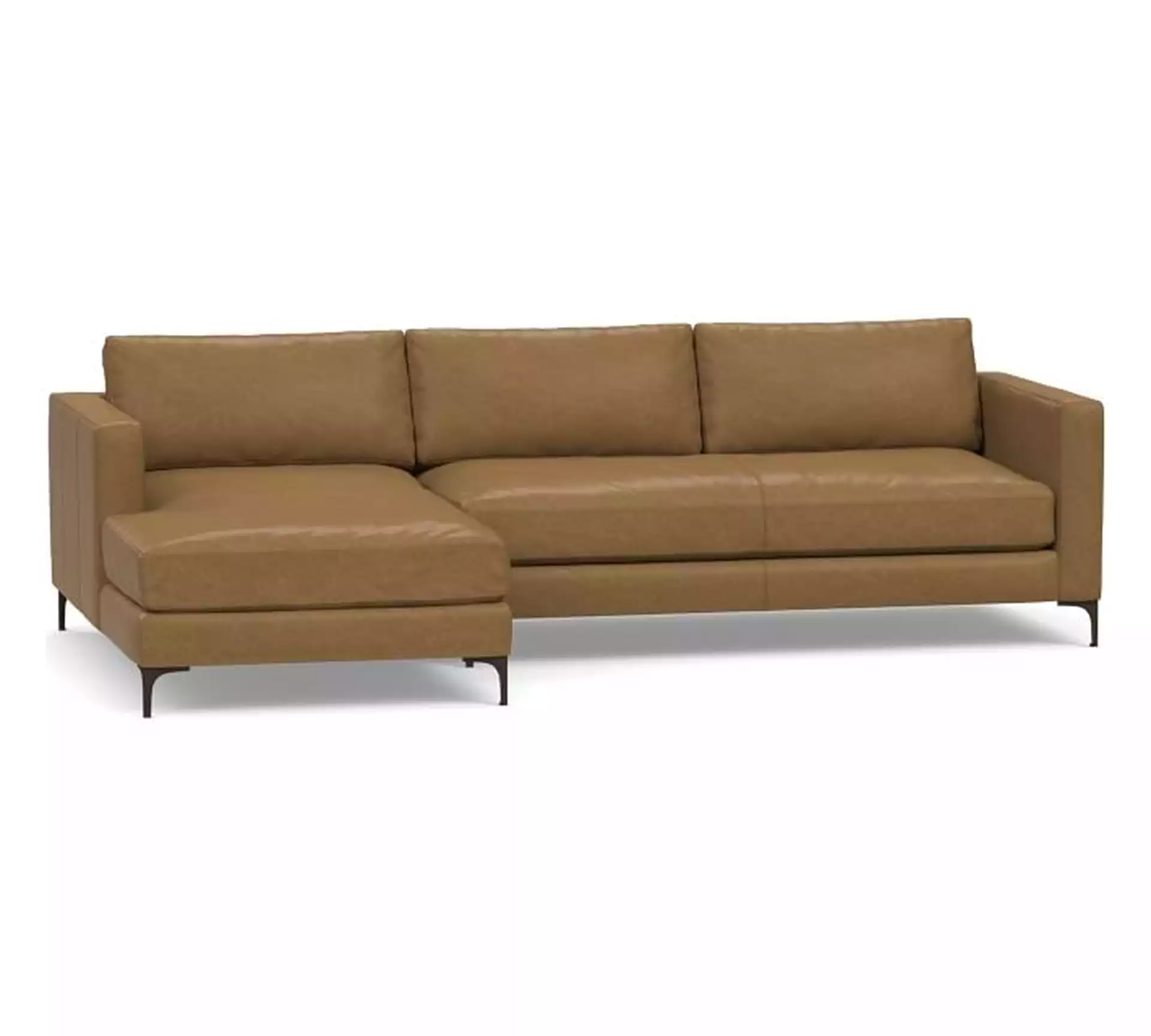 Jake Leather Right Arm Sofa with Chaise Sectional with Bronze Legs, Down Blend Cushions, Statesville Toffee