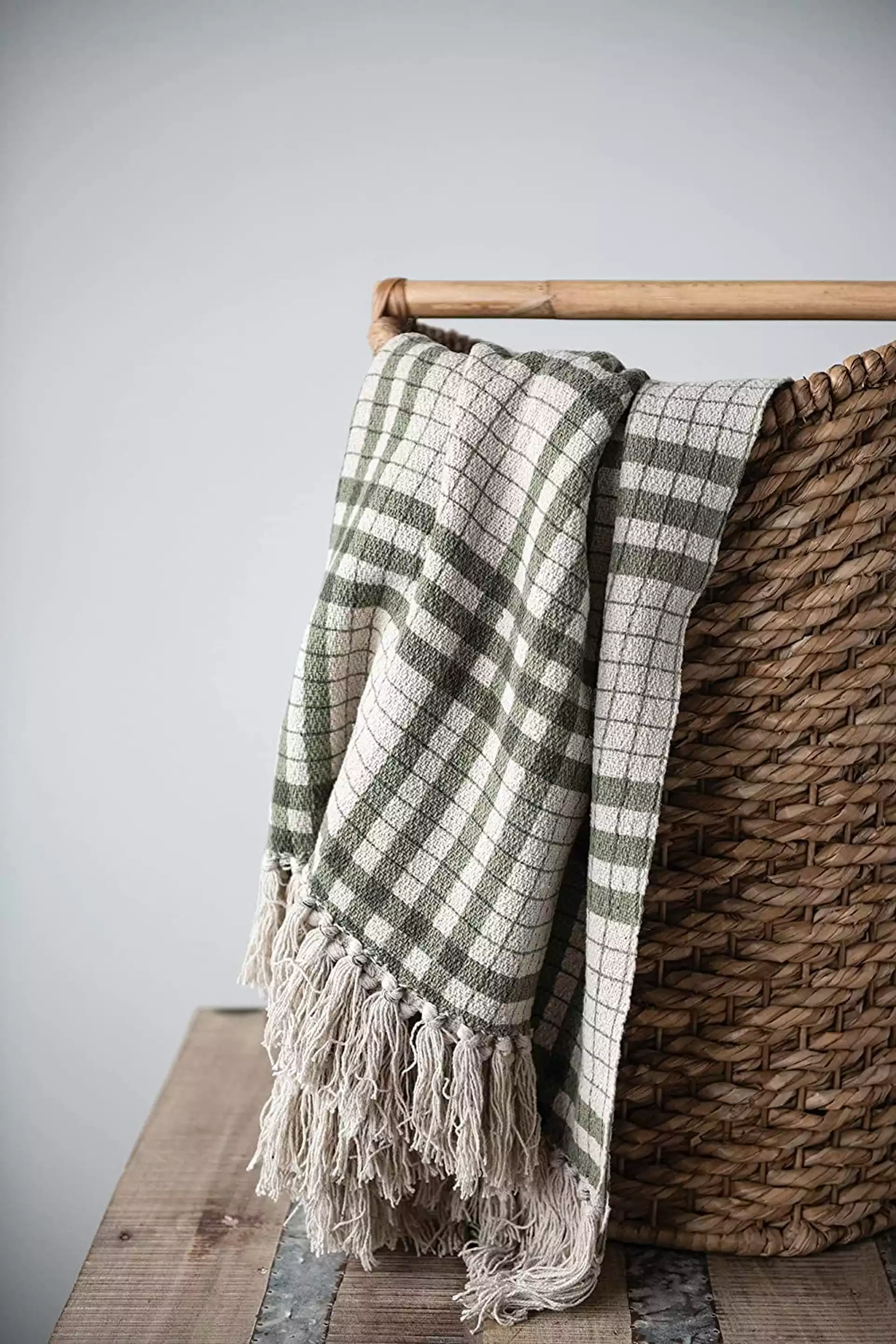 Recycled Cotton Printed Plaid Throw Blanket, Green