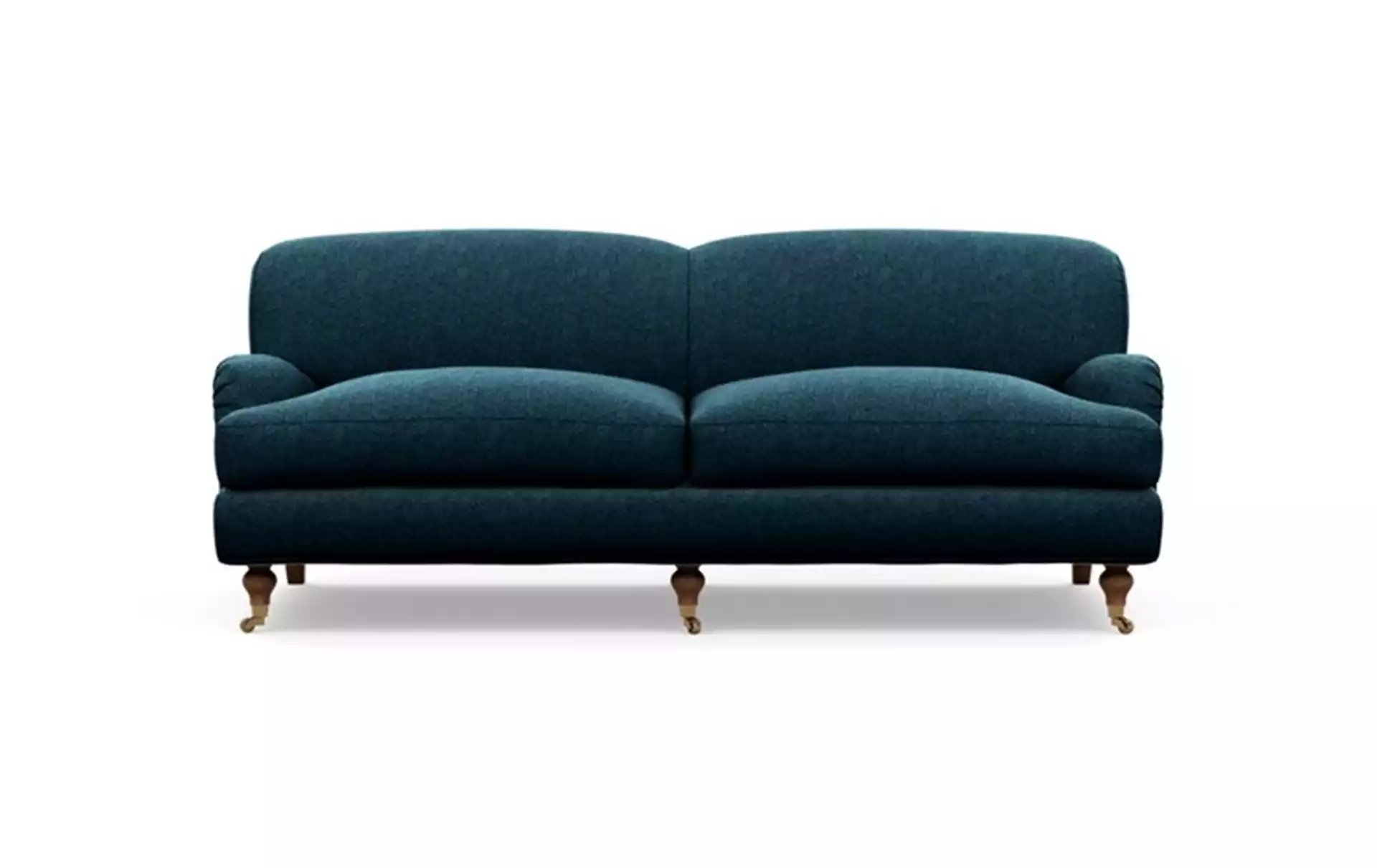 Rose by The Everygirl Sofa with Blue Indigo Fabric and Oiled Walnut with Brass Caster legs