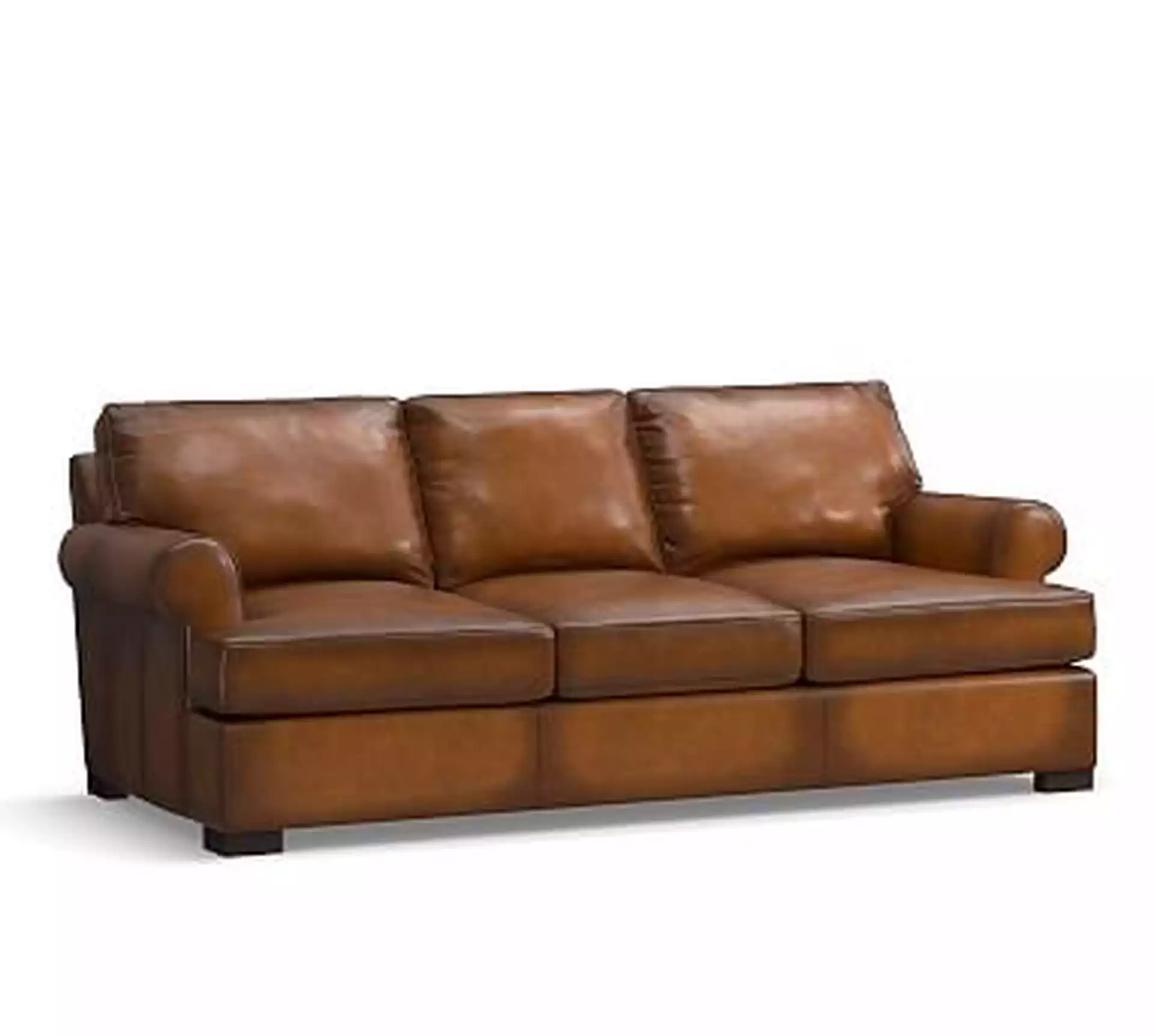 Townsend Roll Arm Leather Sofa, Polyester Wrapped Cushions, Leather Burnished Bourbon
