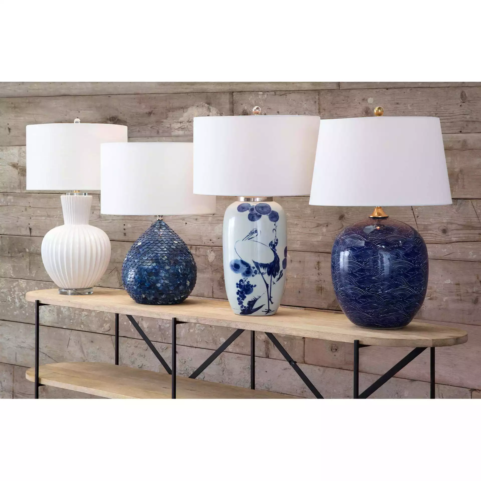Cainan Global Bazaar White Shade Blue Crane Ceramic Table Lamp