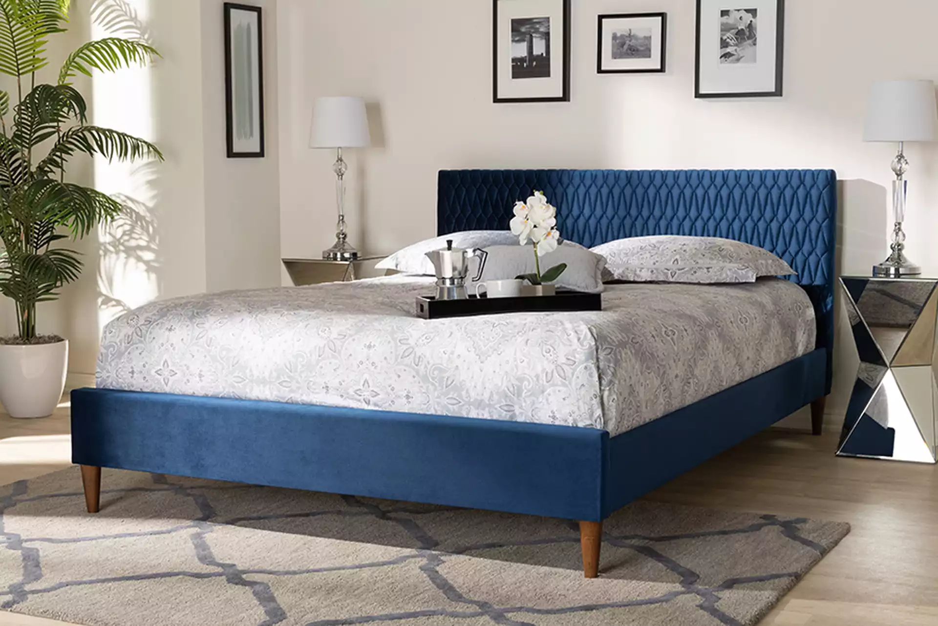 Frida Glam and Luxe Royal Blue Velvet Fabric Upholstered Full Size Bed