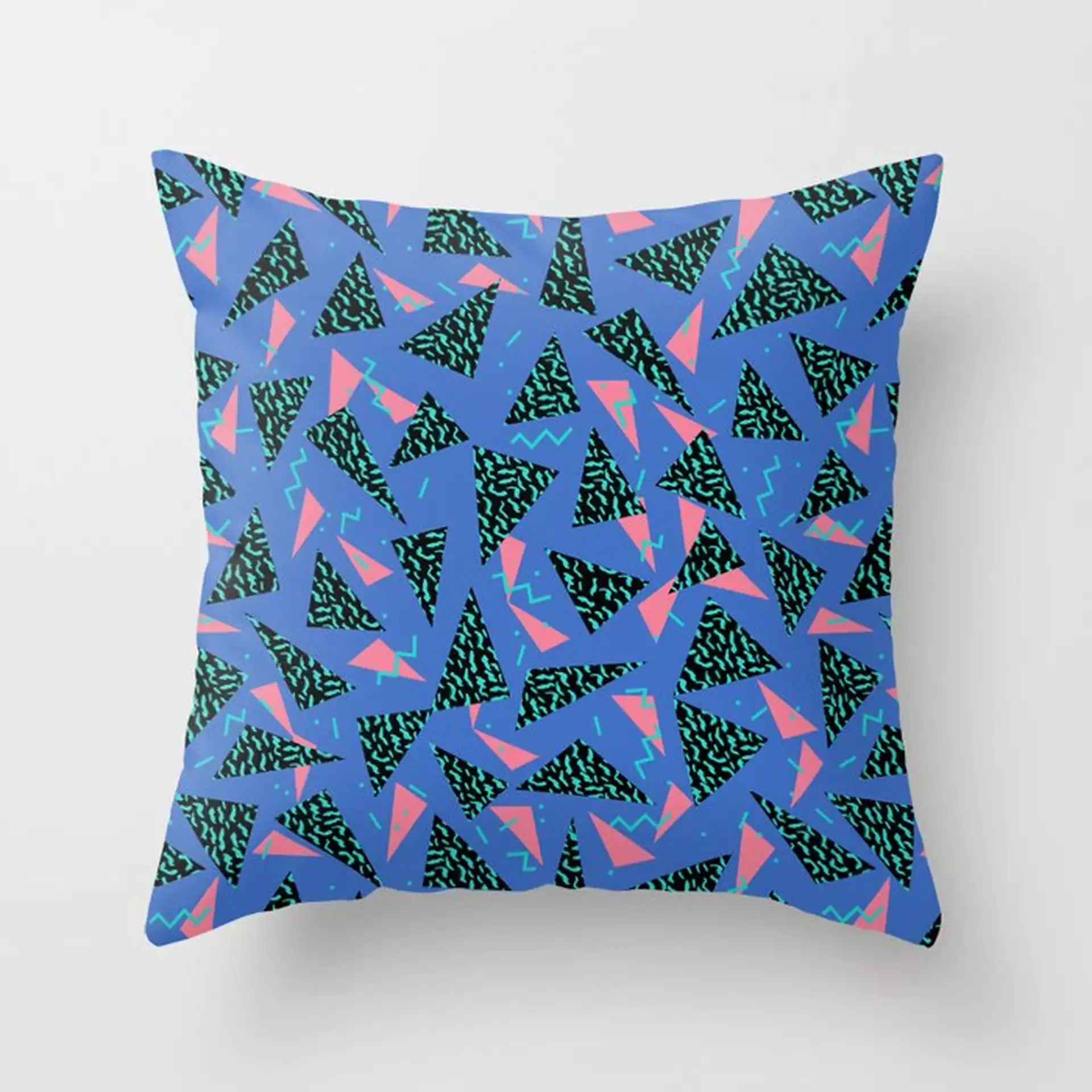 Tina - 80s Triangle Print, Bright Tri Blue Memphis Design, Memphis Triangle Couch Throw Pillow by Charlottewinter - Cover (18" x 18") with pillow insert - Outdoor Pillow