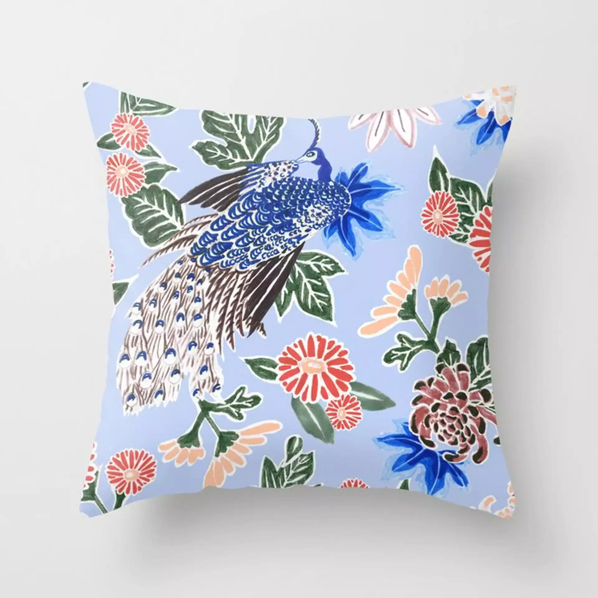 Peacock Floral In Baby Blue Couch Throw Pillow by Becky Bailey - Cover (16" x 16") with pillow insert - Outdoor Pillow