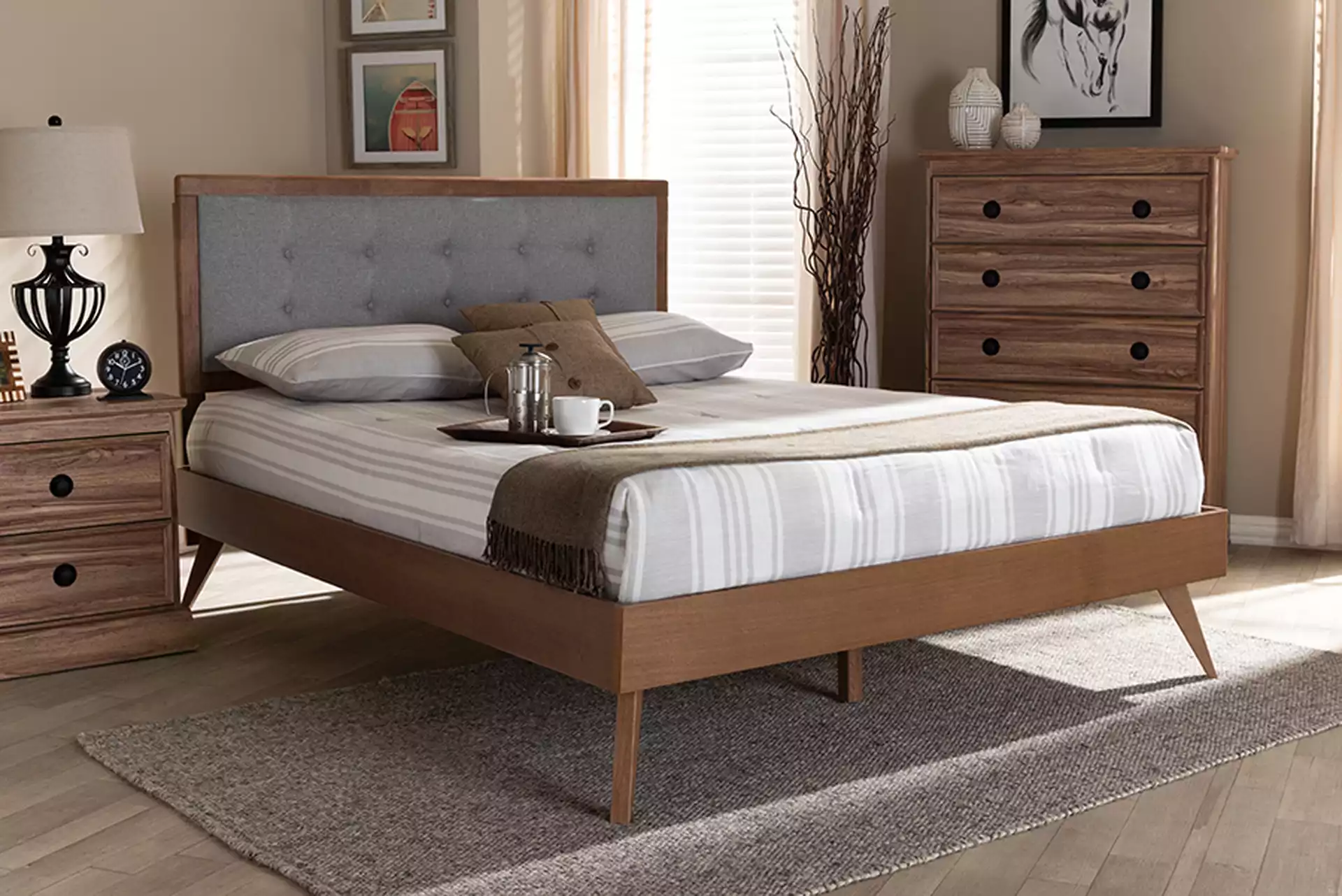 Ines Mid-Century Modern Light Grey Fabric Upholstered Walnut Brown Finished Wood Queen Size Platform Bed