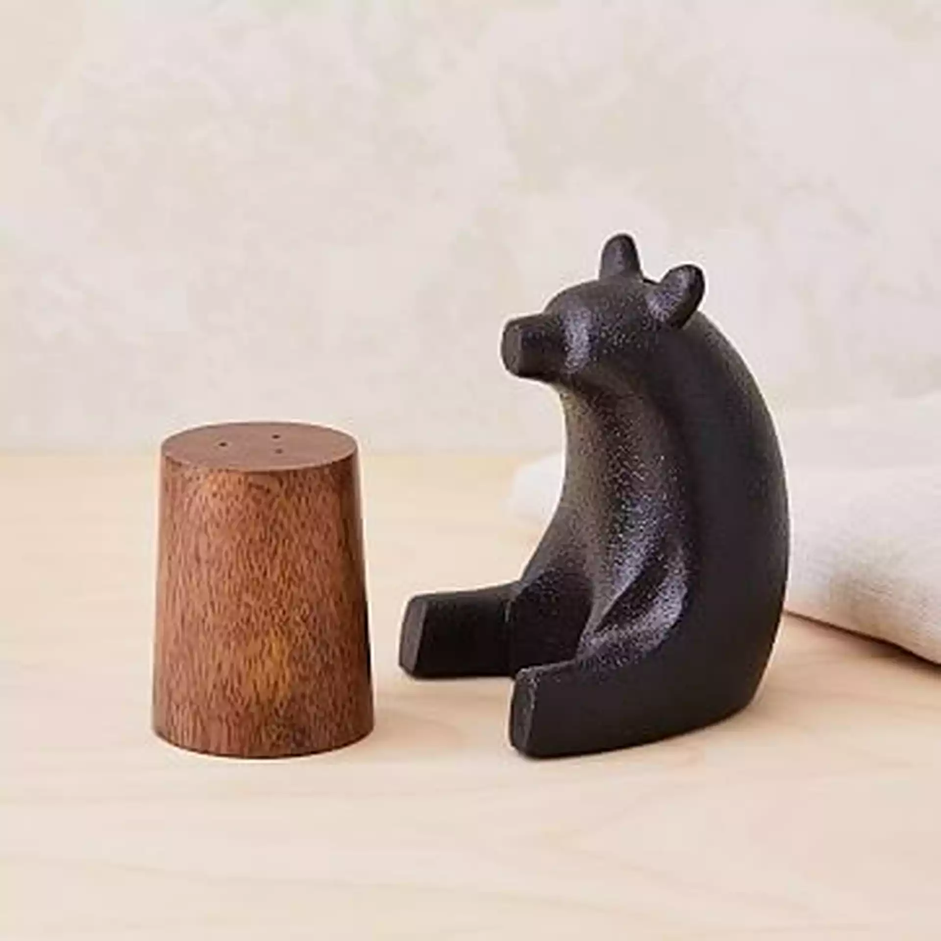 Bear Shaped Salt + Pepper Shaker, Metal + Wood, Set of 2
