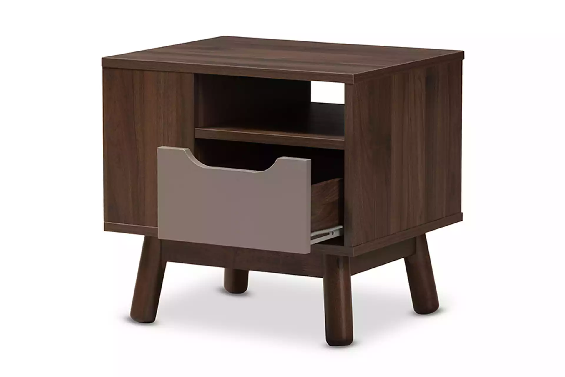 Britta Mid-Century Modern Walnut Brown and Grey Two-Tone Finished Wood Nightstand