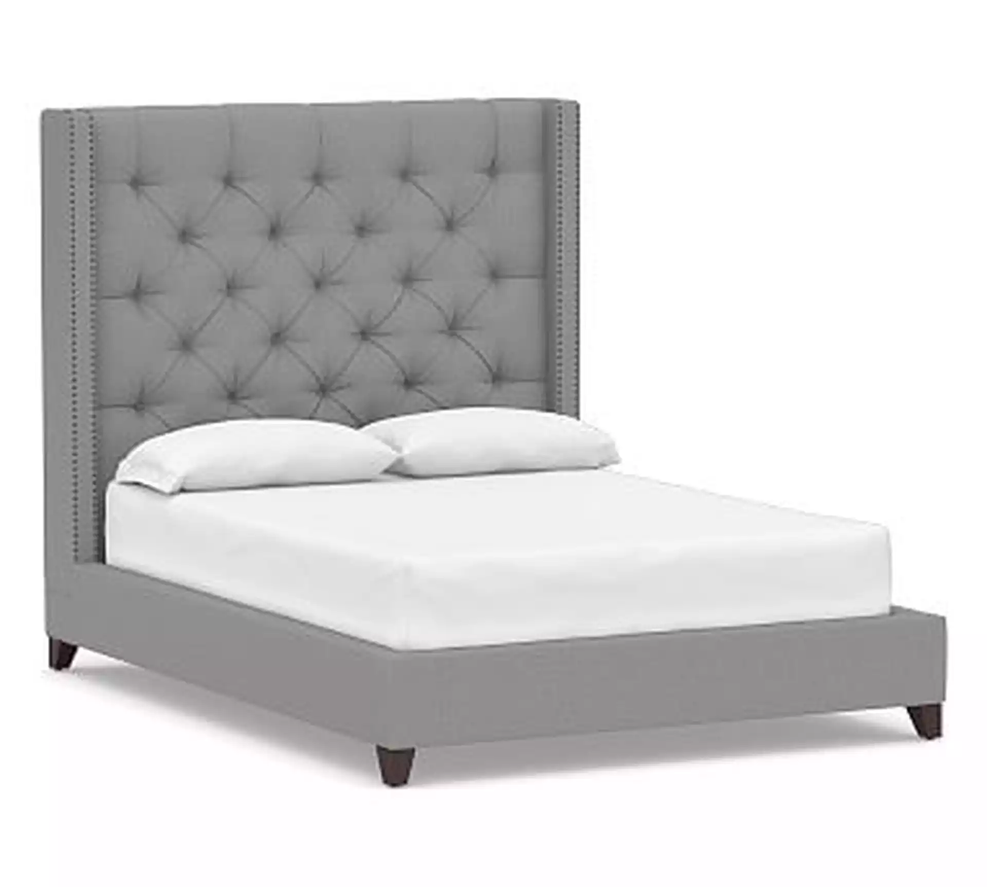 Harper Tufted Upholstered Tall Bed with Bronze Nailheads, Queen, Performance Brushed Basketweave Chambray