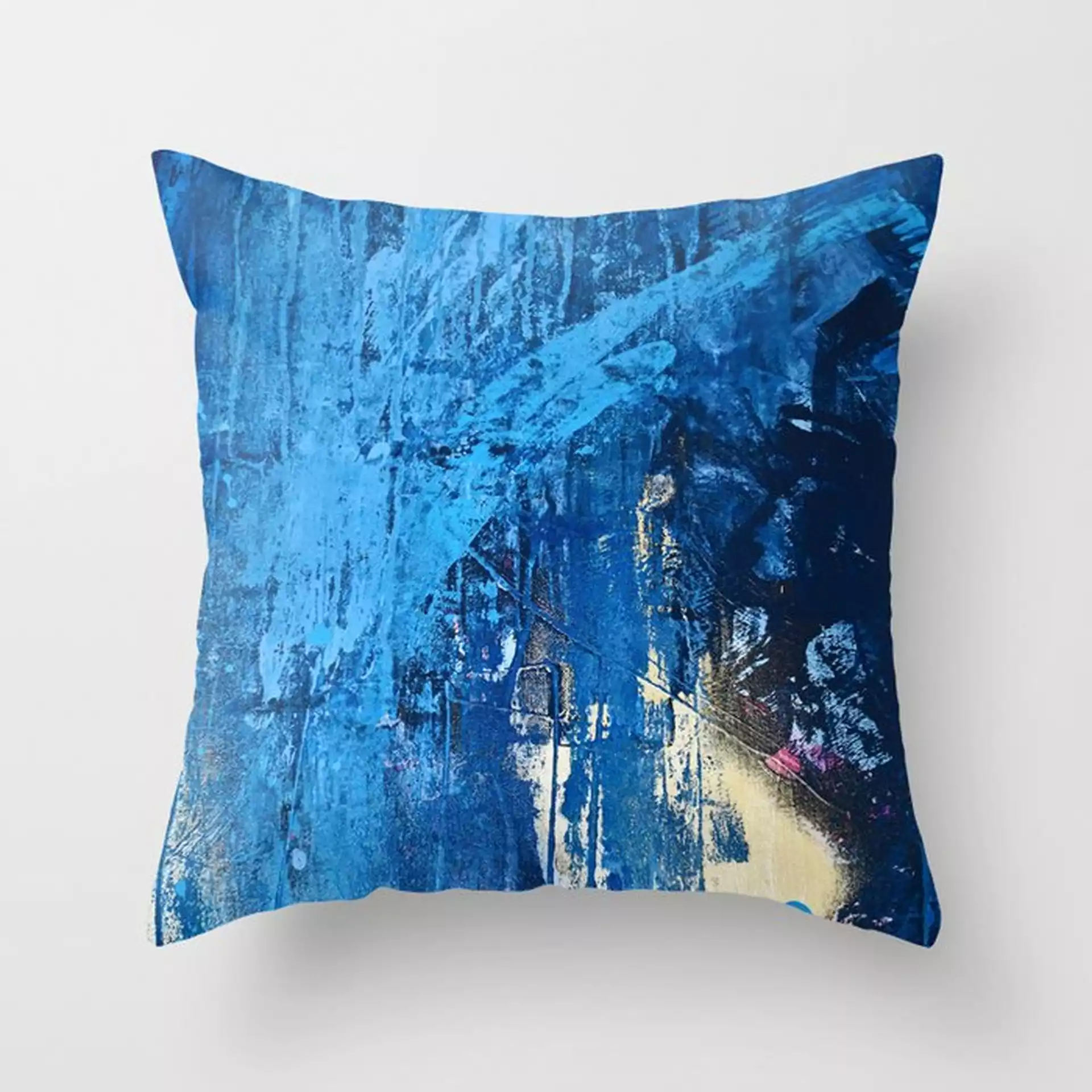 Vortex [2]: A Vibrant Abstract Mixed-media Piece In Blue And Gold By Alyssa Hamilton Art Couch Throw Pillow by Alyssa Hamilton Art - Cover (16" x 16") with pillow insert - Outdoor Pillow