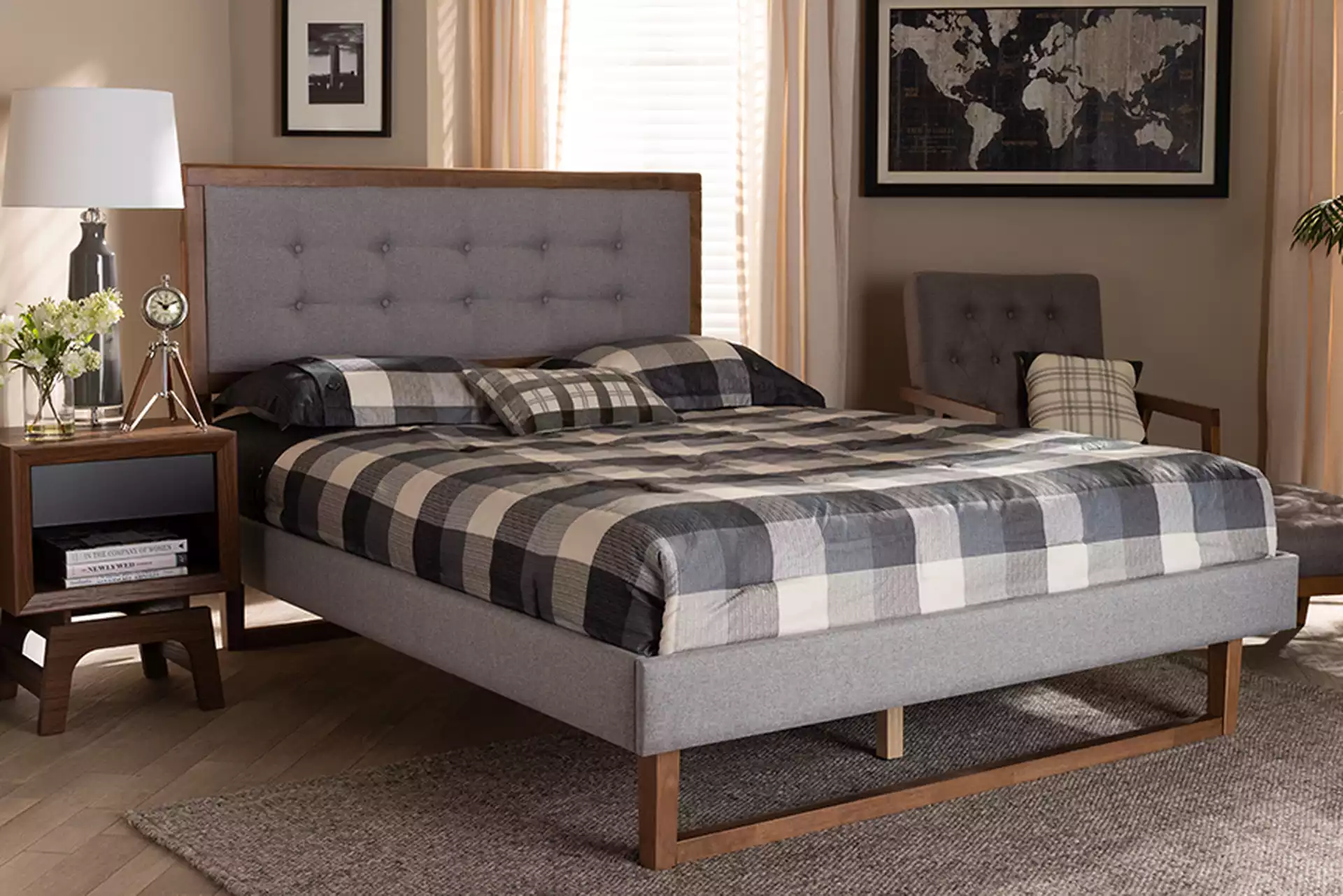 Livinia Modern Transitional Light Grey Fabric Upholstered and Ash Walnut Brown Finished Wood Full Size Platform Bed