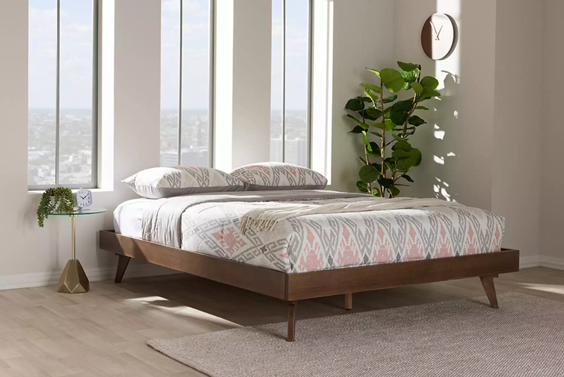 Jacob Mid-Century Modern Walnut Brown Finished Solid Wood King Size Bed Frame