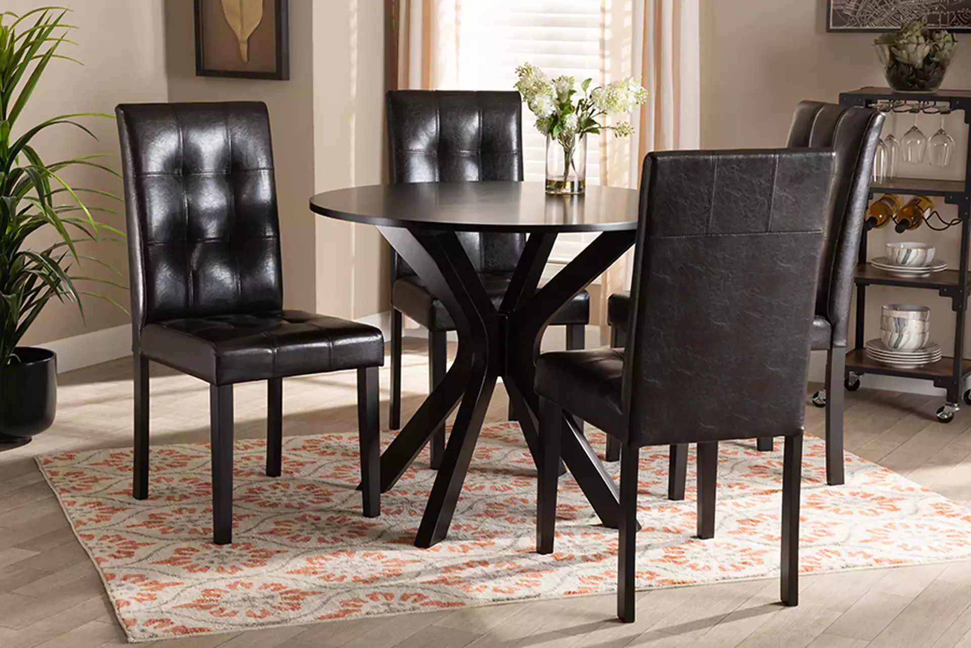 Marie Modern and Contemporary Dark Brown Faux Leather Upholstered and Dark brown Finished Wood 5-Piece Dining Set
