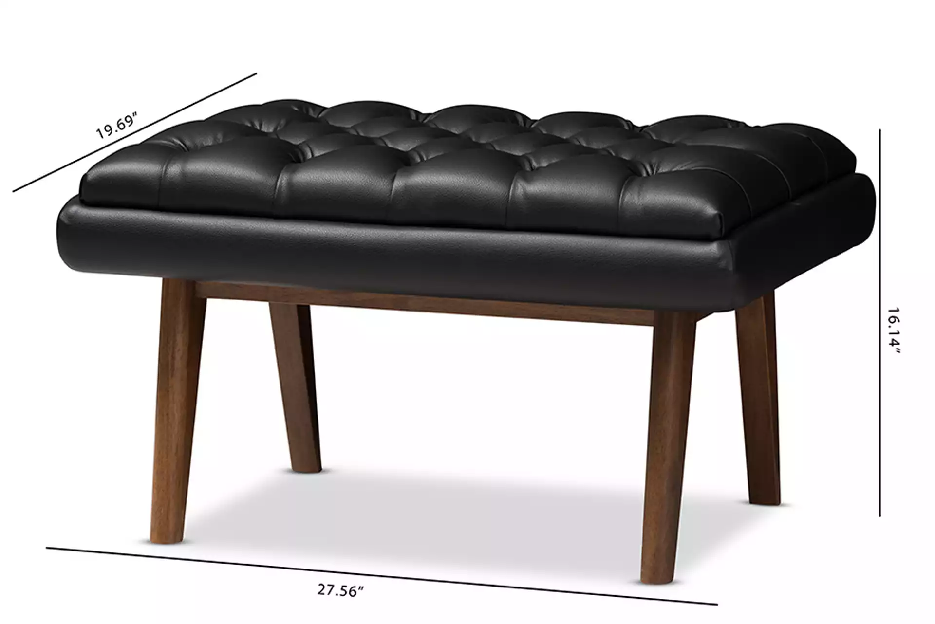Annetha Mid-Century Modern Black Faux Leather Upholstered Walnut Finished Wood Ottoman