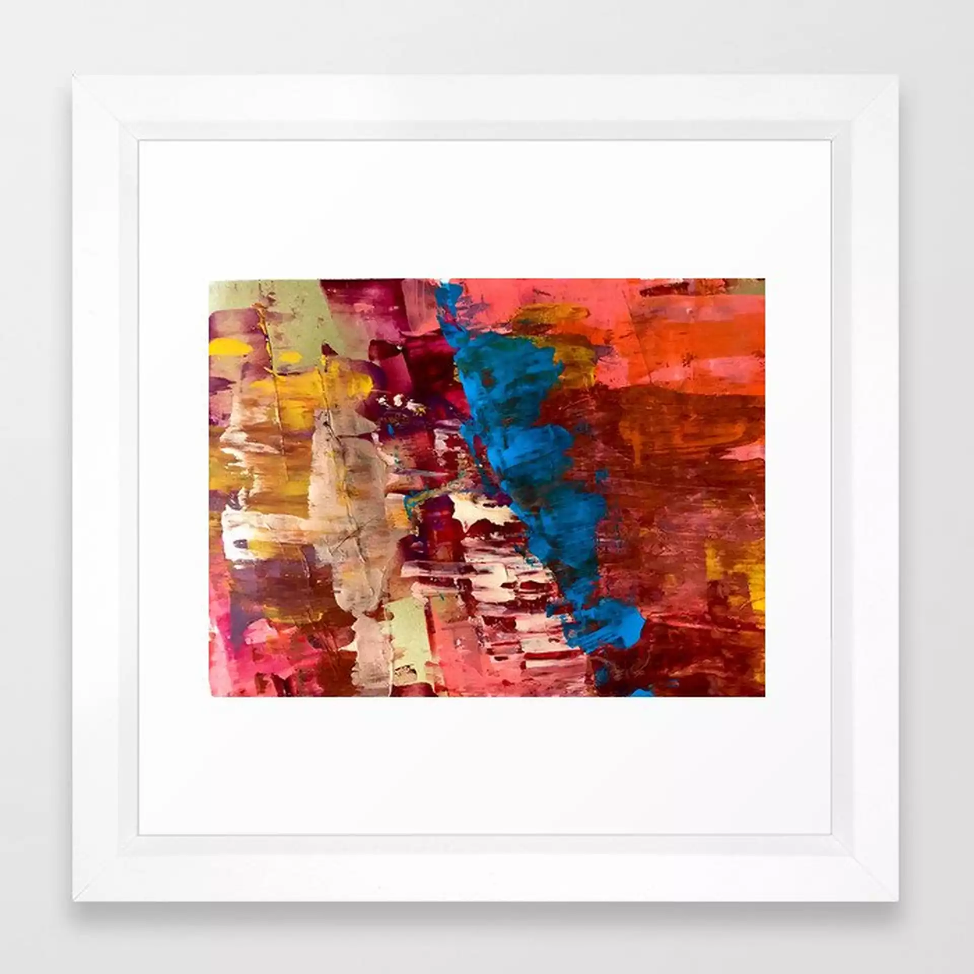 Desert Sun [6]: A Bright, Bold Abstract Piece In Gold, Red, Pink, Orange, And Blue Framed Art Print by Alyssa Hamilton Art - Vector White - X-Small-12x12