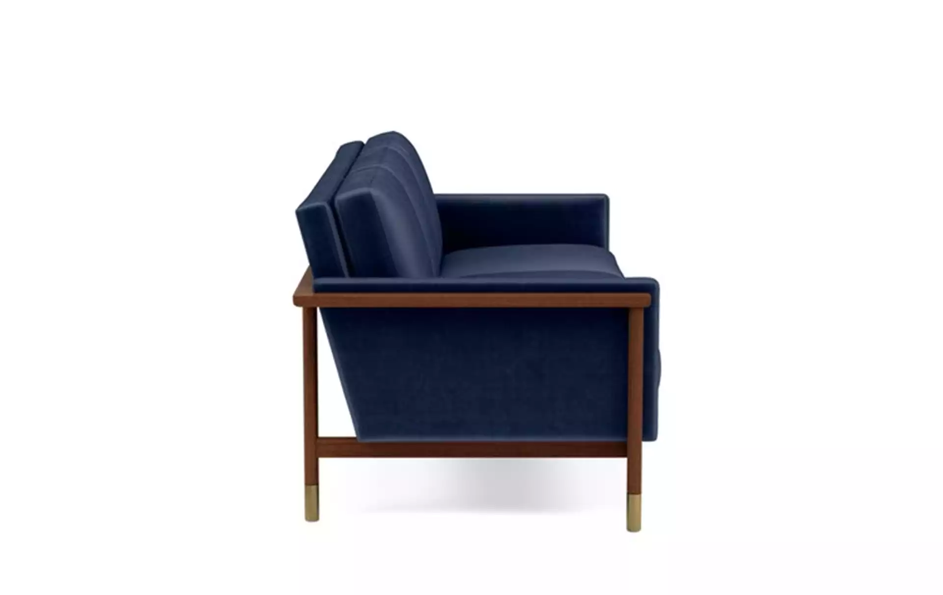 Jason Wu Sofa with Blue Bergen Blue Fabric and Oiled Walnut with Brass Cap legs