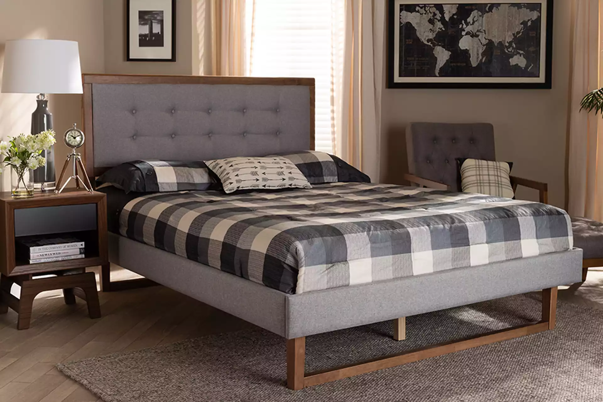 Livinia Modern Transitional Light Grey Fabric Upholstered and Ash Walnut Brown Finished Wood Full Size Platform Bed