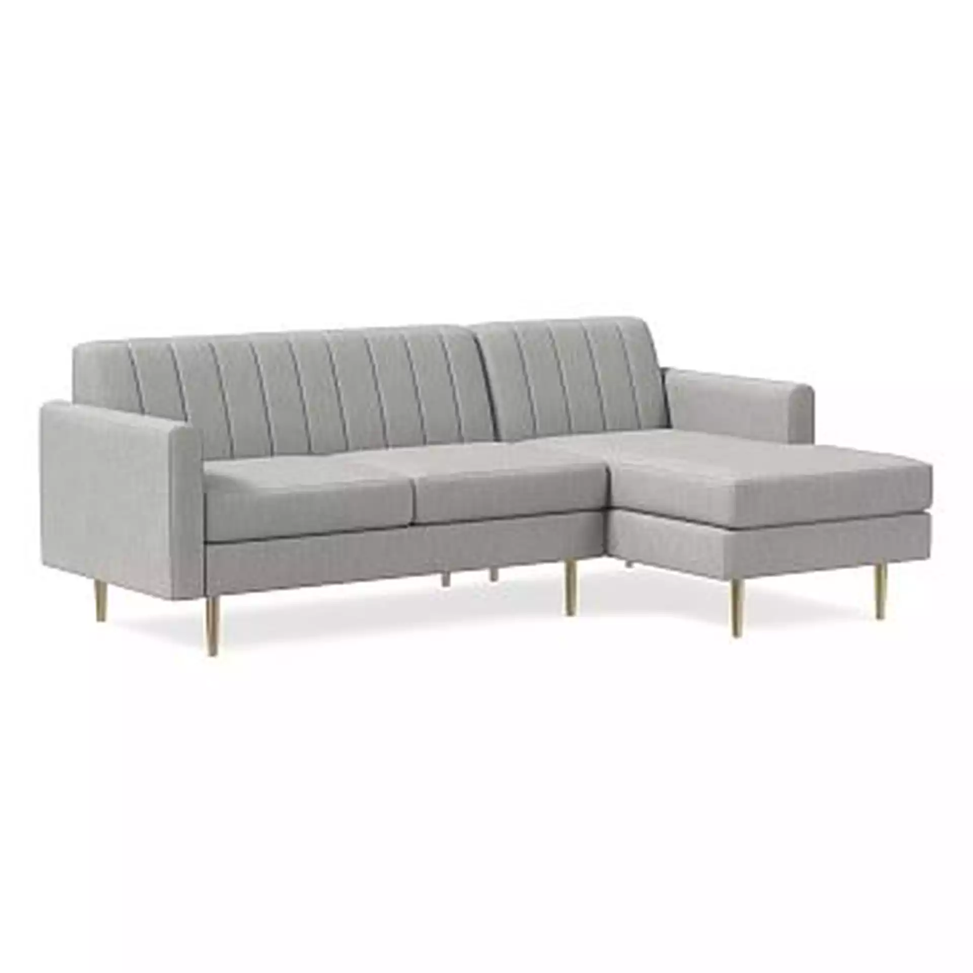 Olive Sectional Set 01: Olive Channel Back Mailbox Arm LA Sofa, Olive Channel Back Mailbox Arm RA Chaise, Poly, Performance Coastal Linen, Storm Gray, Antique Brass