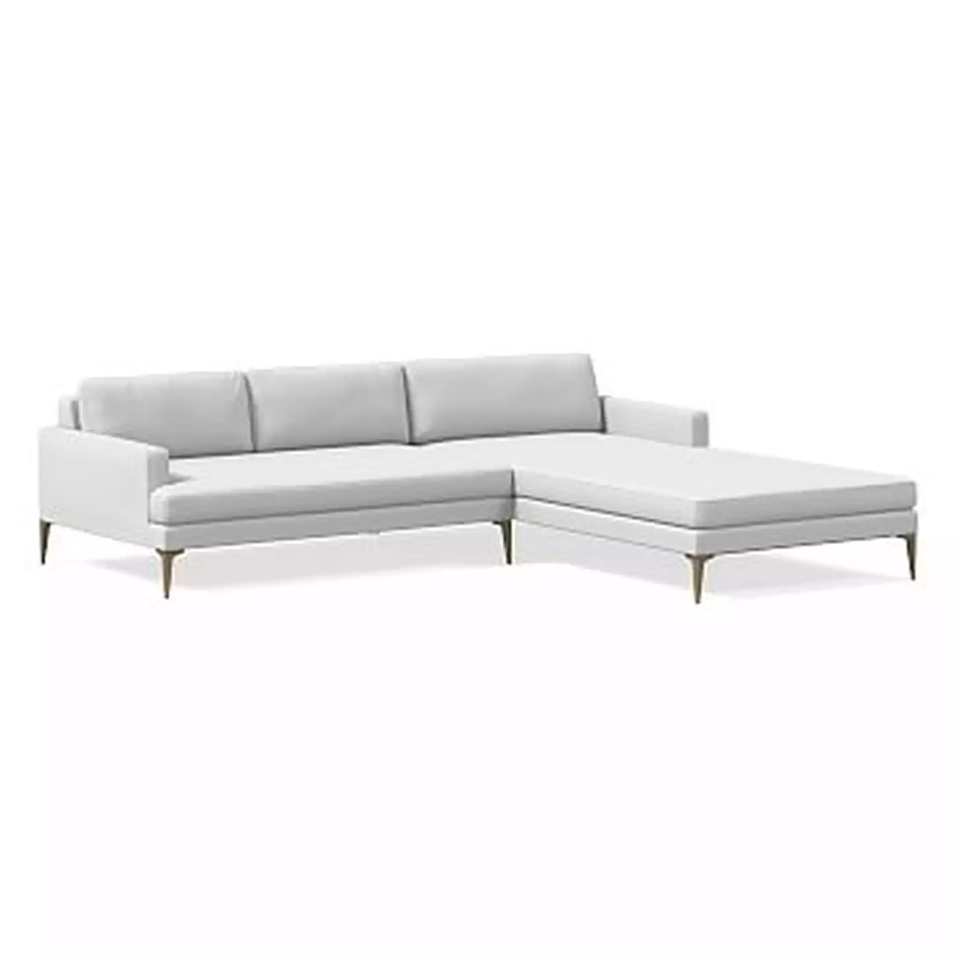 Andes Sectional Set 37: XL Left Arm 2.5 Seater Sofa, XL Right Arm Chaise, Poly, Performance Washed Canvas, White, Blackened Brass