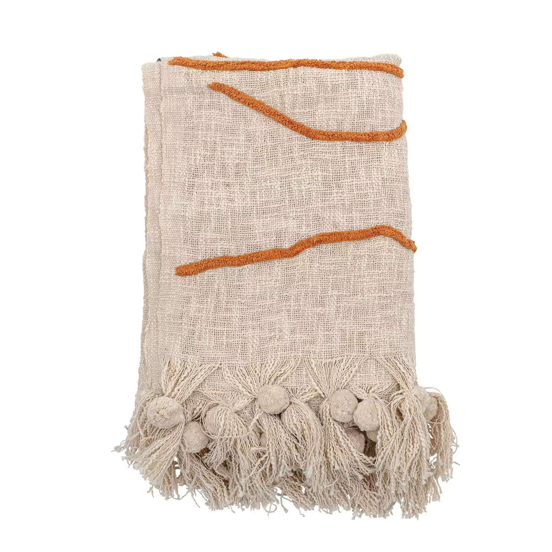 Cotton Embroidered Throw Blanket with Tassels, Cream