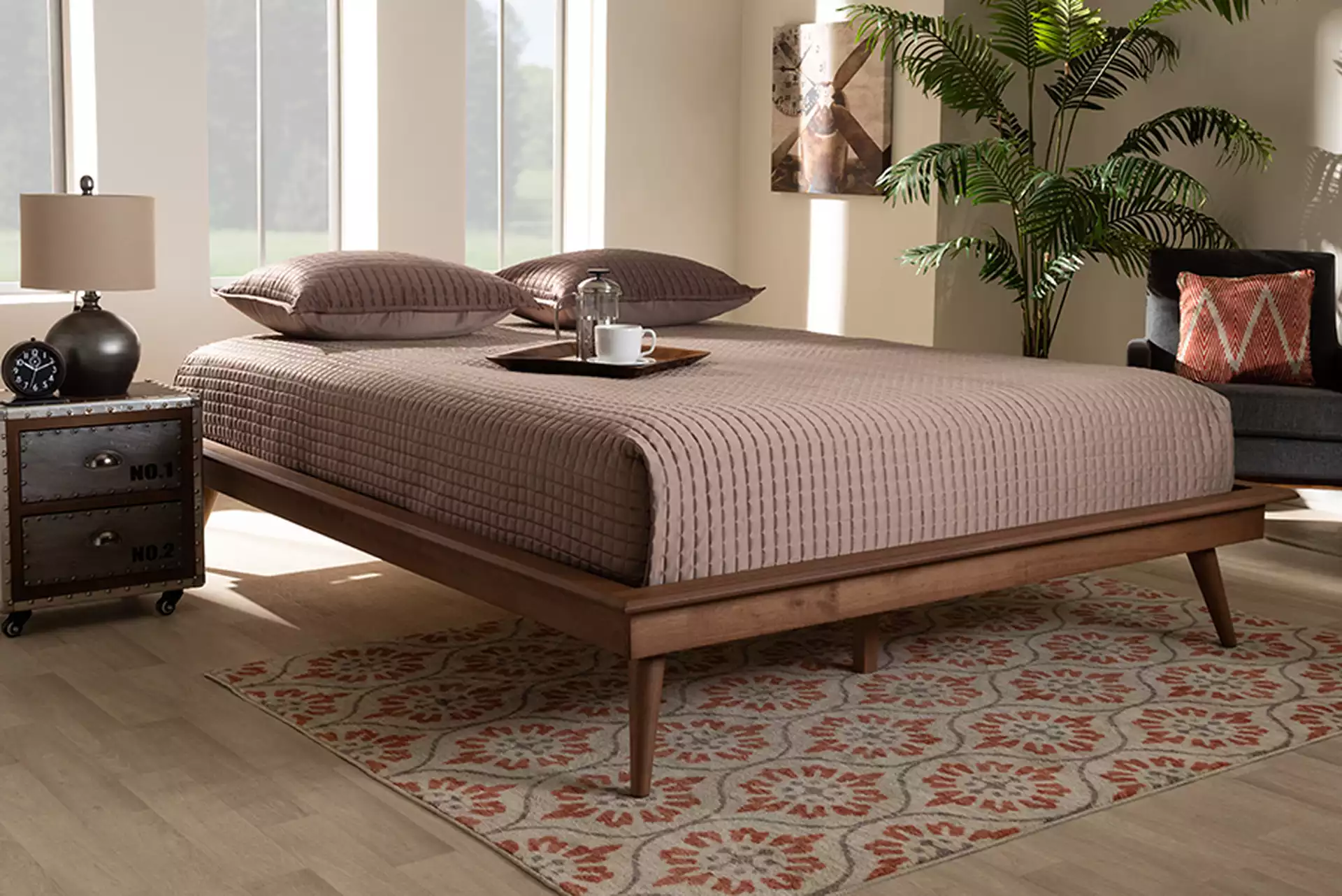 Karine Mid-Century Modern Walnut Brown Finished Wood Full Size Platform Bed Frame
