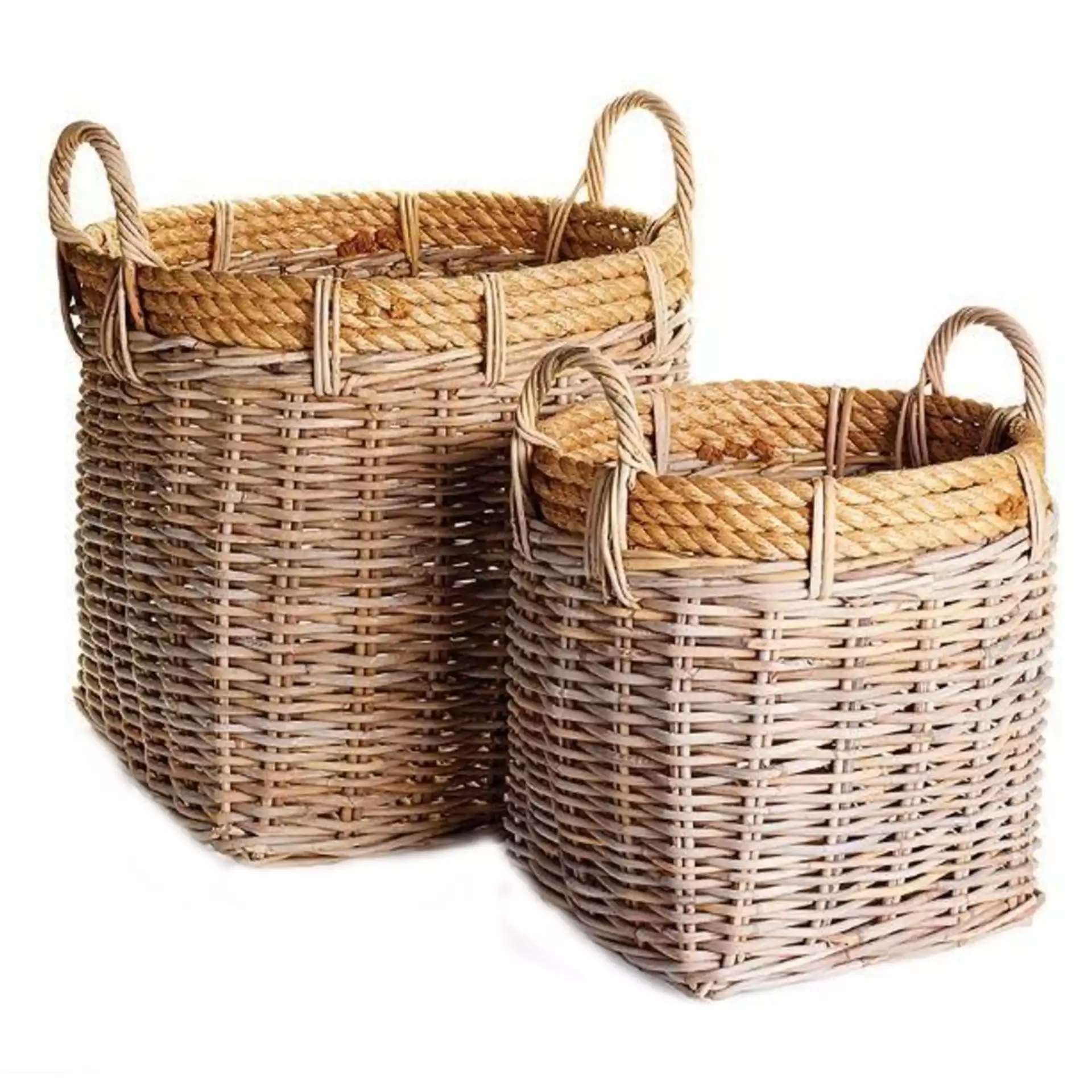 Arthur Coastal Beach Brown Woven Rattan Harvest Baskets - Set of 2
