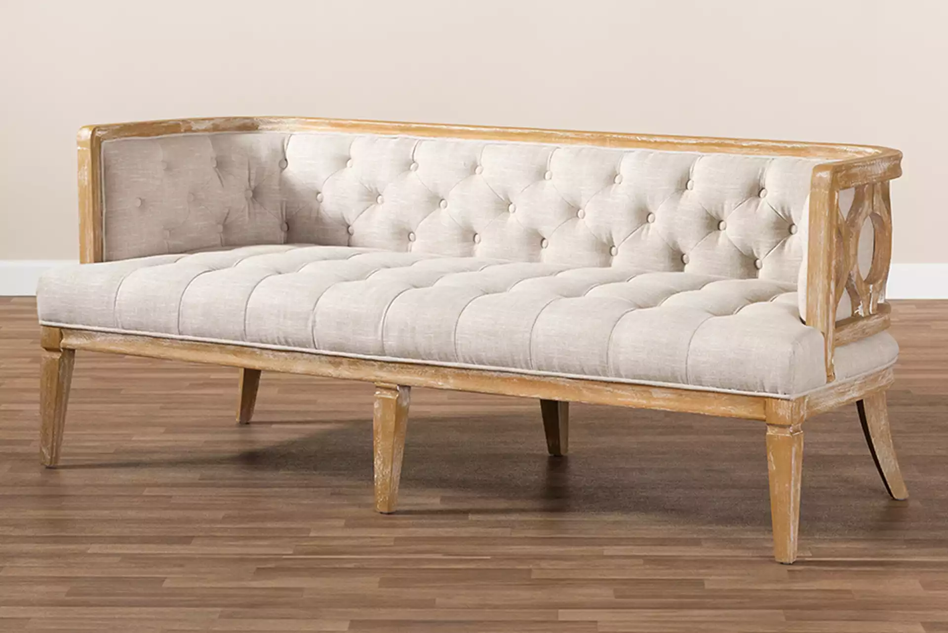 Agnes French Provincial Beige Linen Fabric Upholstered and White-Washed Oak Wood Sofa