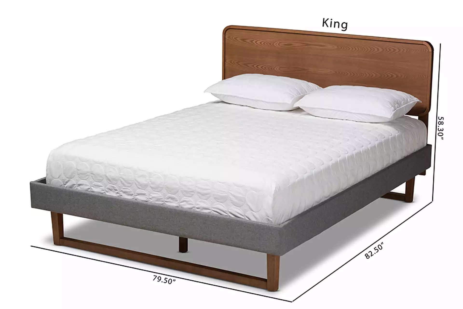 Ayla Mid-Century Modern Dark Grey Fabric Upholstered Walnut Brown Finished Wood King Size Platform Bed