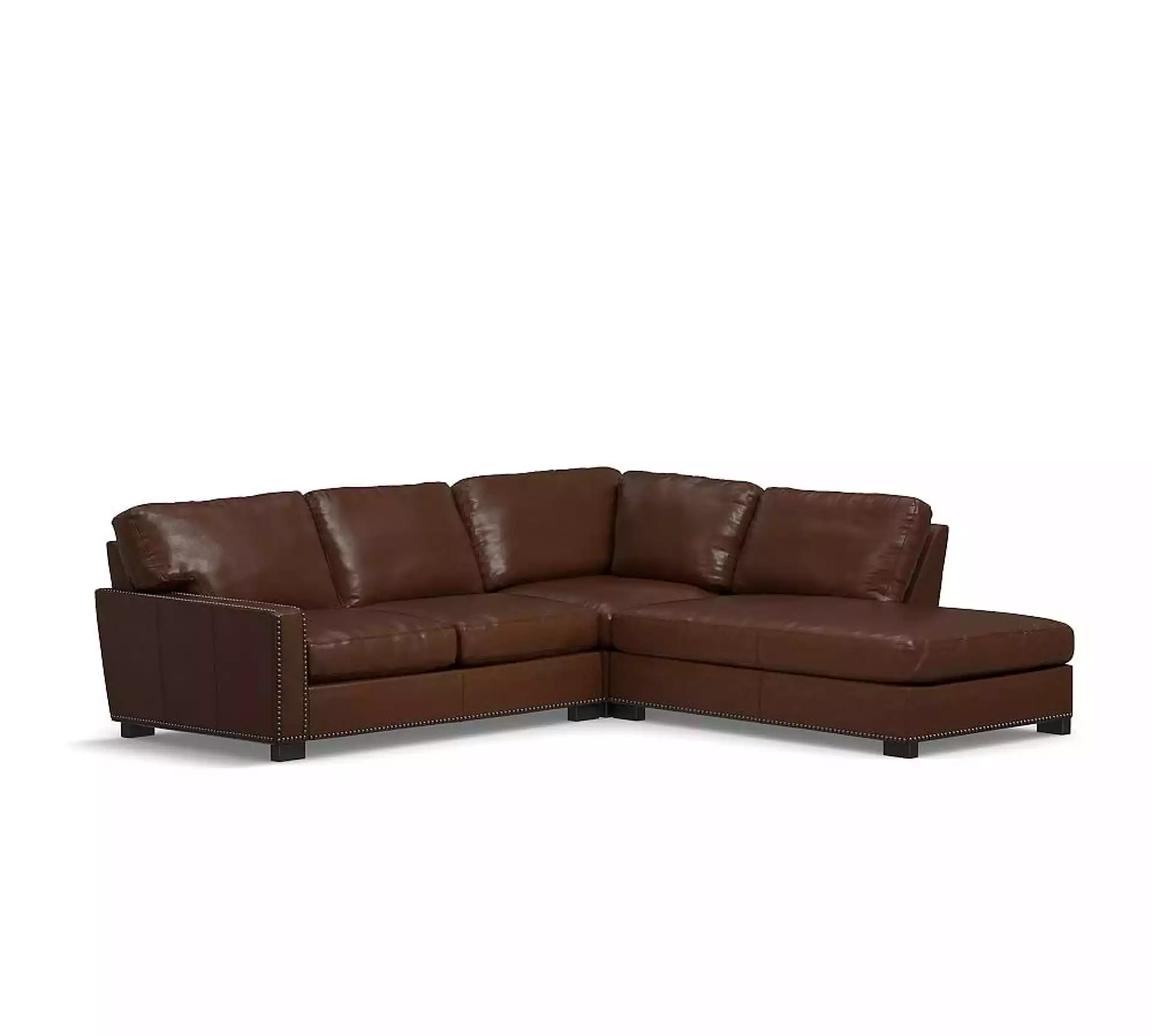 Turner Square Arm Leather Left 3-Piece Bumper Sectional with Bronze Nailheads, Down Blend Wrapped Cushions Churchfield Chocolate