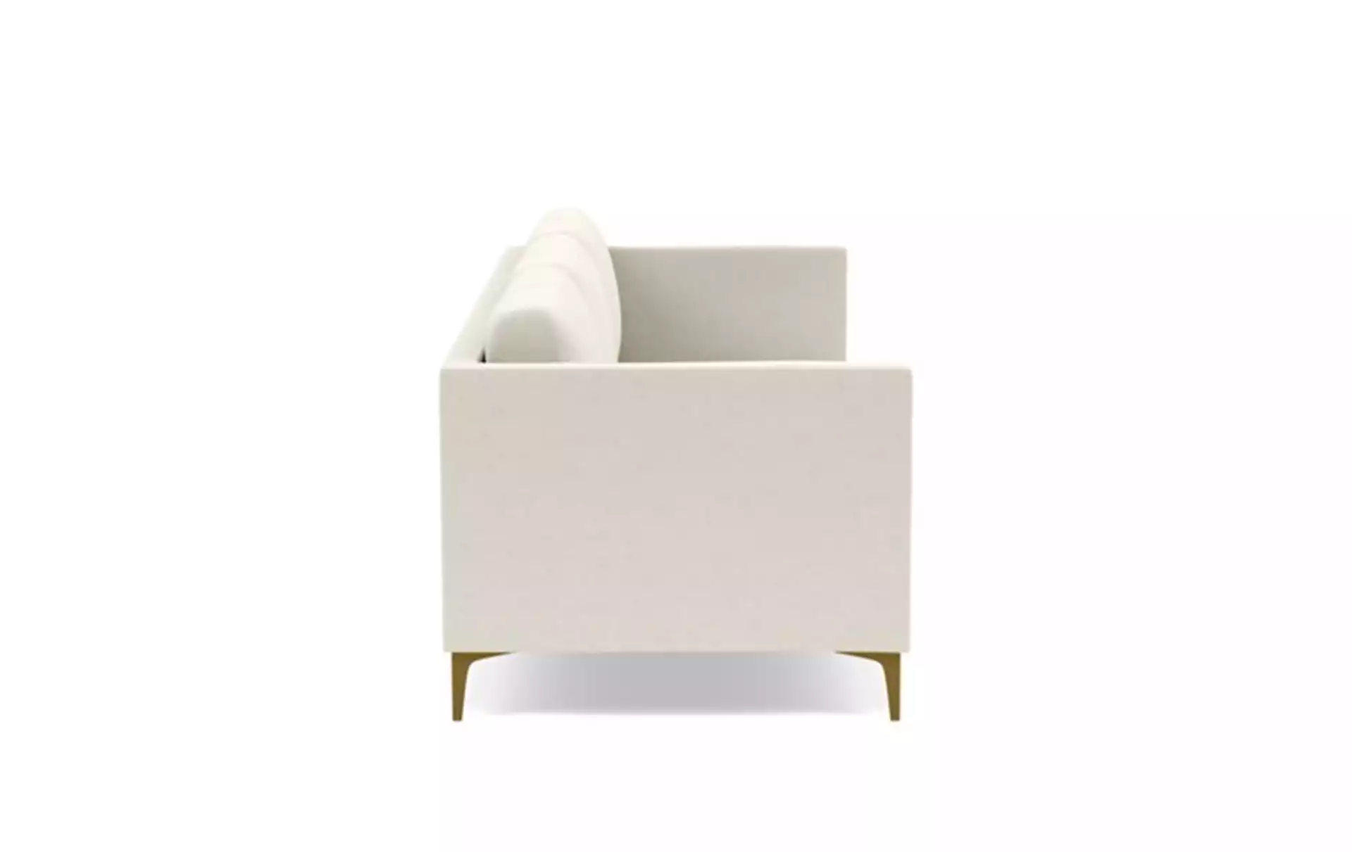 Oliver Sofa with White Chalk Fabric, standard down blend cushions, and Brass Plated legs