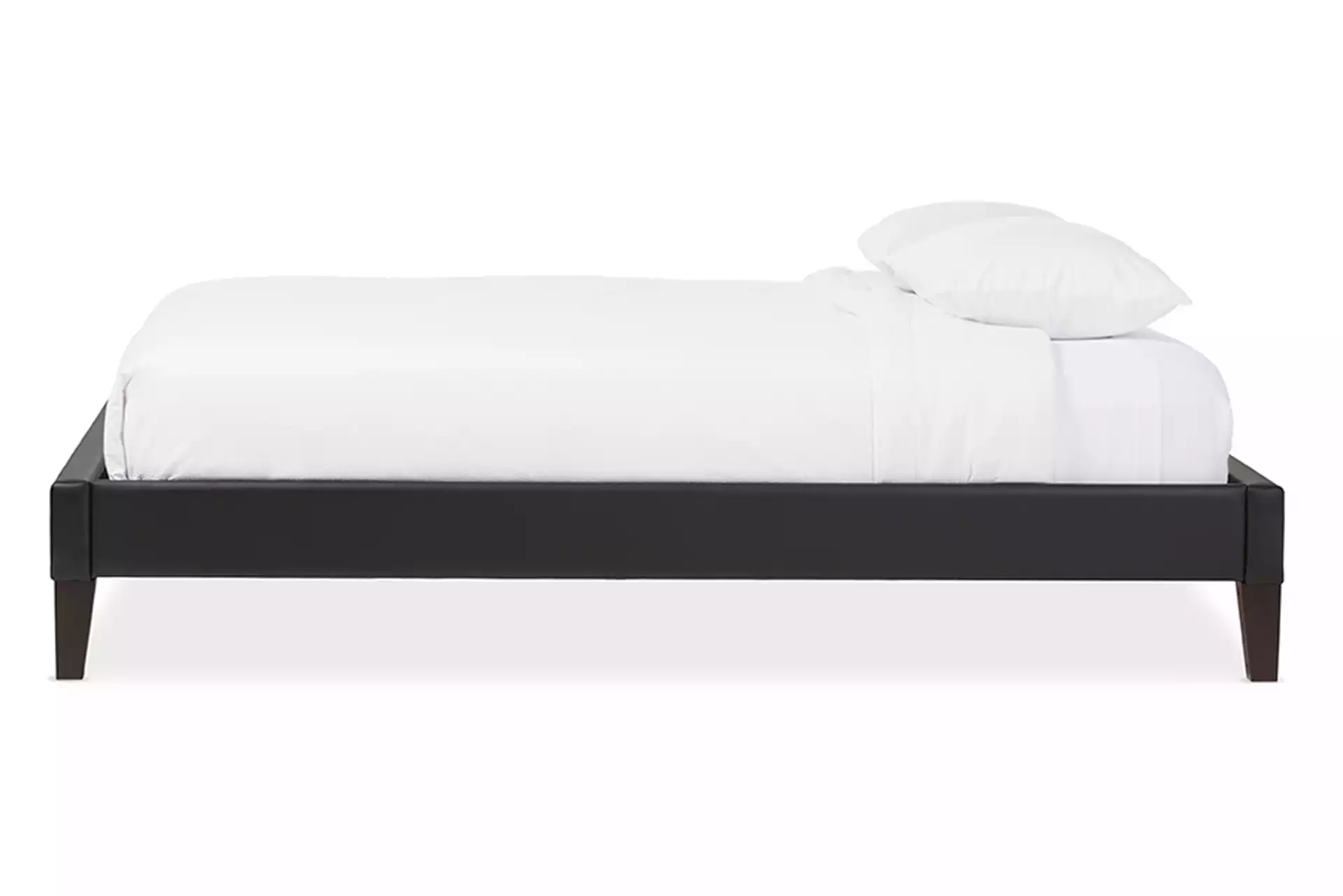 Lancashire Modern and Contemporary Black Faux Leather Upholstered Queen Size Bed Frame with Tapered Legs 