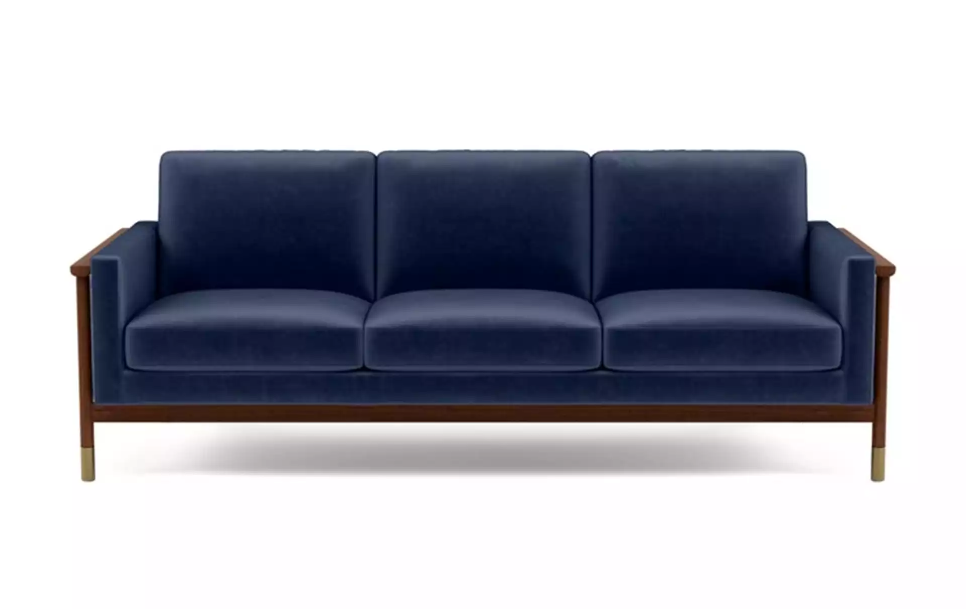 Jason Wu Sofa with Blue Bergen Blue Fabric and Oiled Walnut with Brass Cap legs