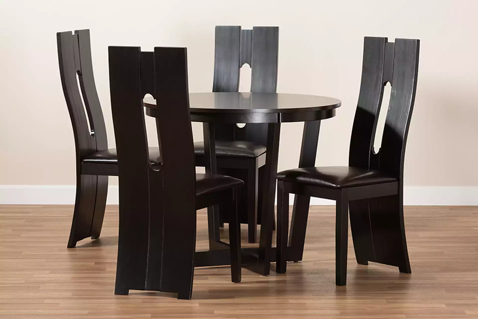 Sorley Modern and Contemporary Dark Brown Faux Leather Upholstered and Dark Brown Finished Wood 5-Piece Dining Set