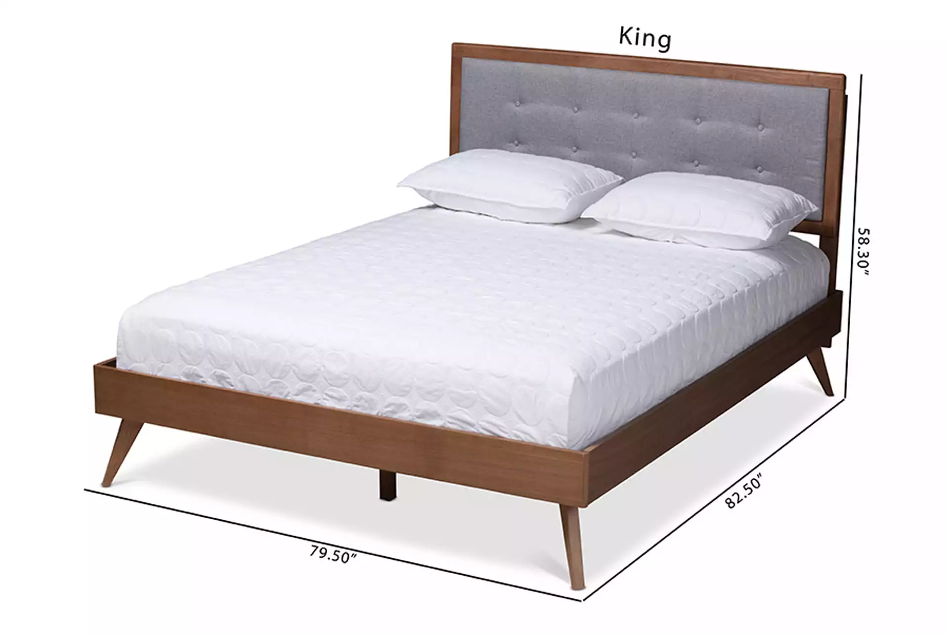 Ines Mid-Century Modern Light Grey Fabric Upholstered Walnut Brown Finished Wood Queen Size Platform Bed