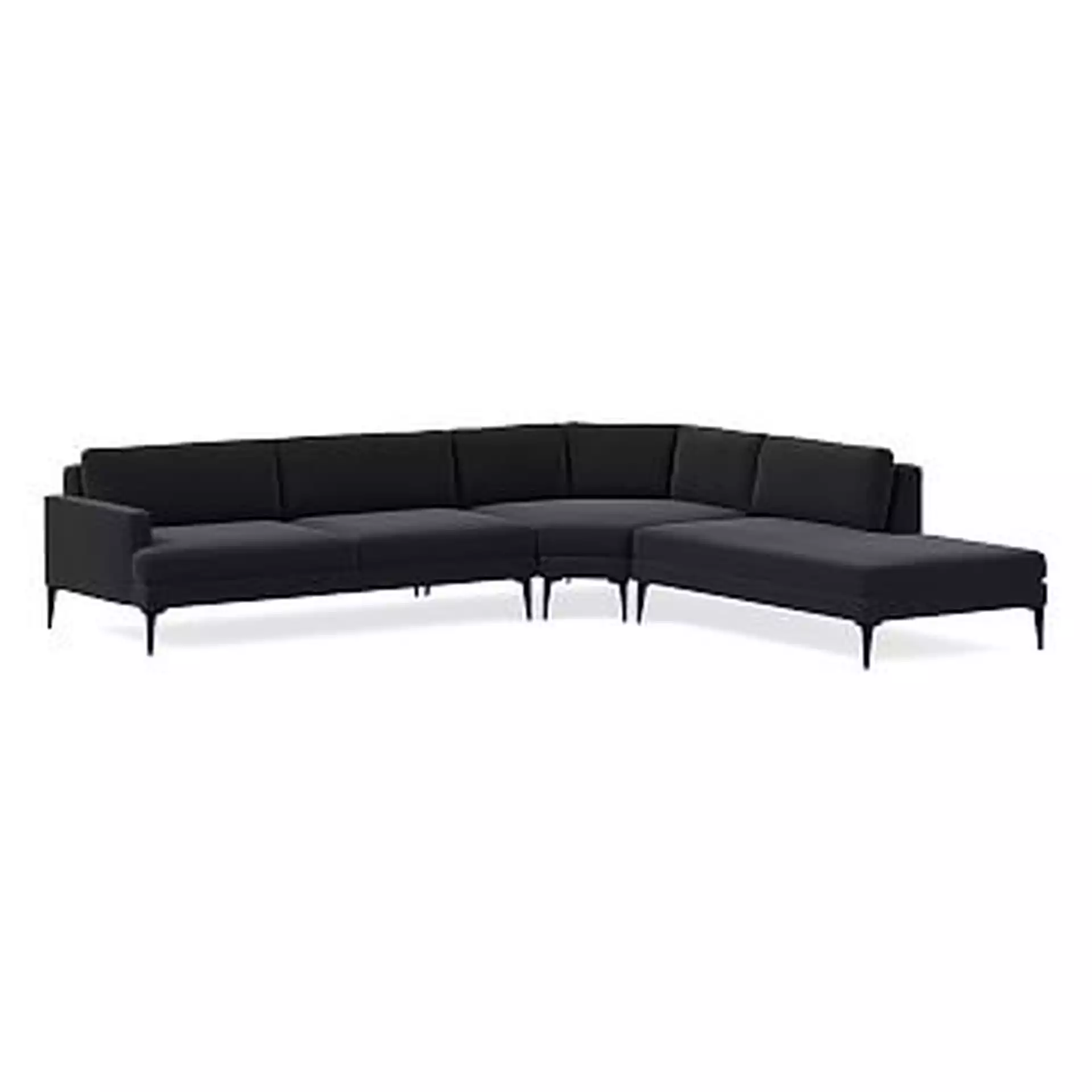 Andes Sectional Set 82: Right Arm Grand Sofa, Wedge, Left Arm Bumper Chaise, Poly, Performance Velvet, Black, Dark Pewter