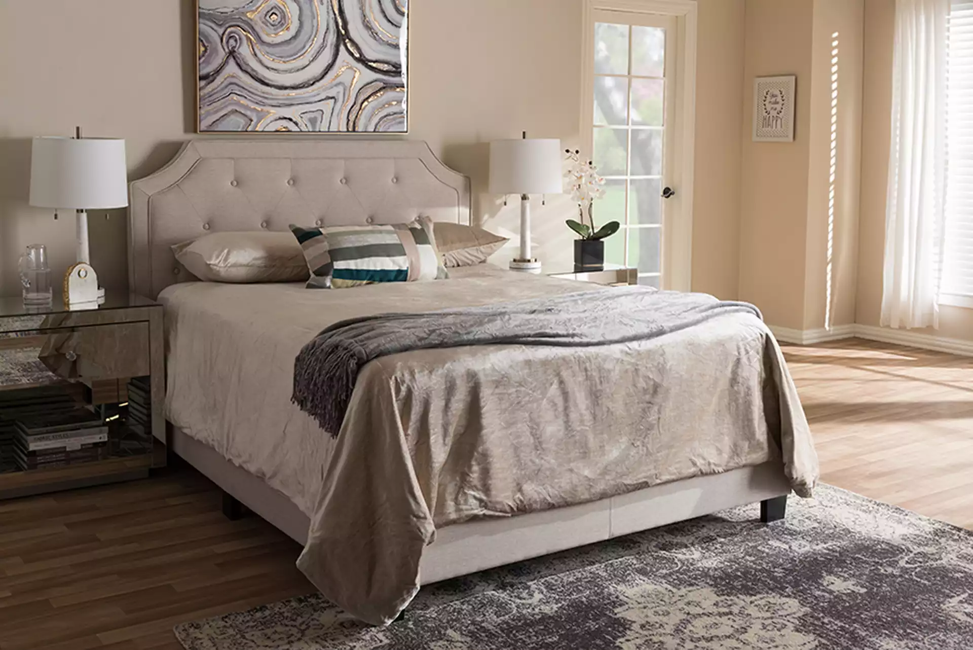 Willis Modern and Contemporary Light Beige Fabric Upholstered King Size Bed