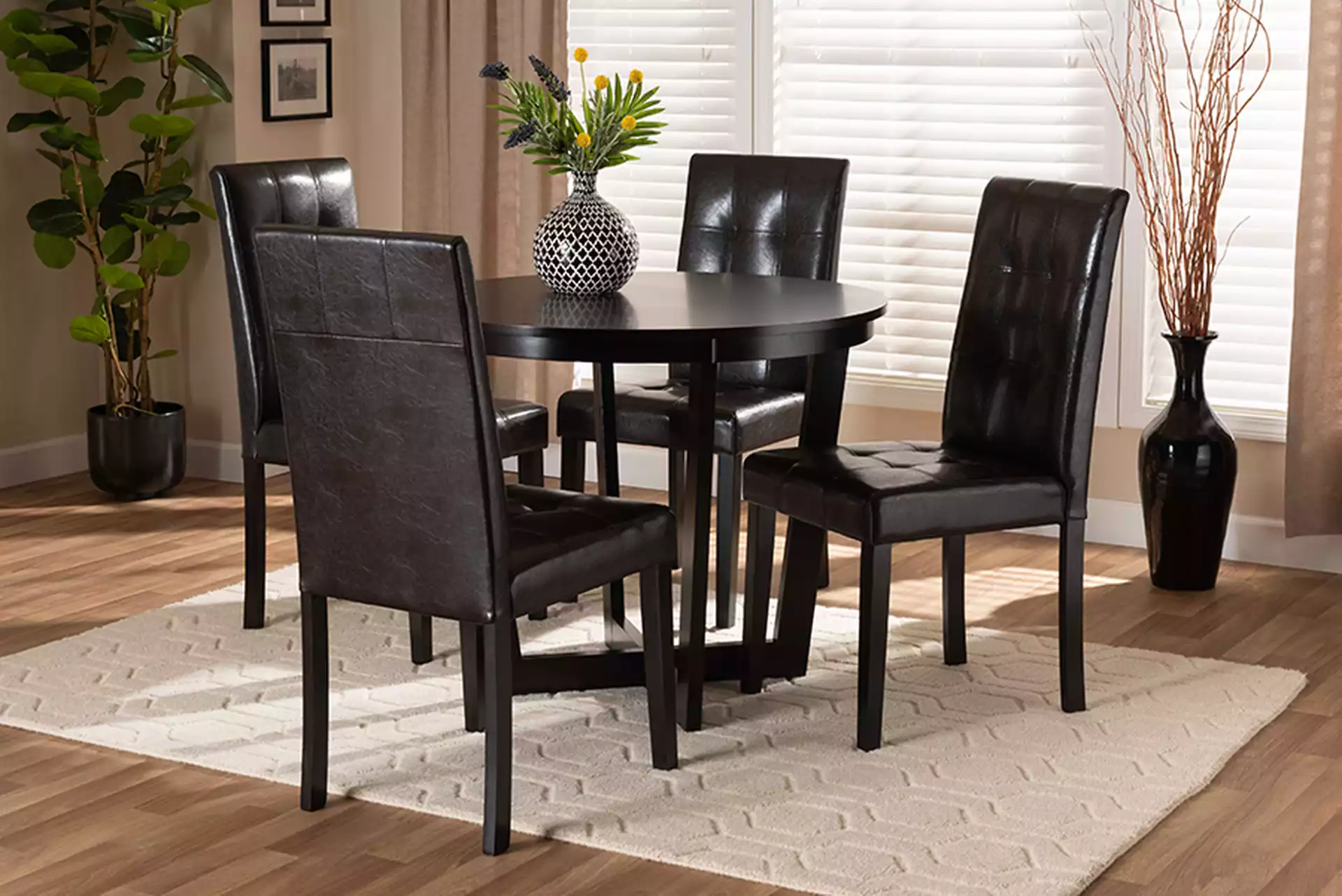 Vida Modern and Contemporary Dark Brown Faux Leather Upholstered and Dark Brown Finished Wood 5-Piece Dining Set