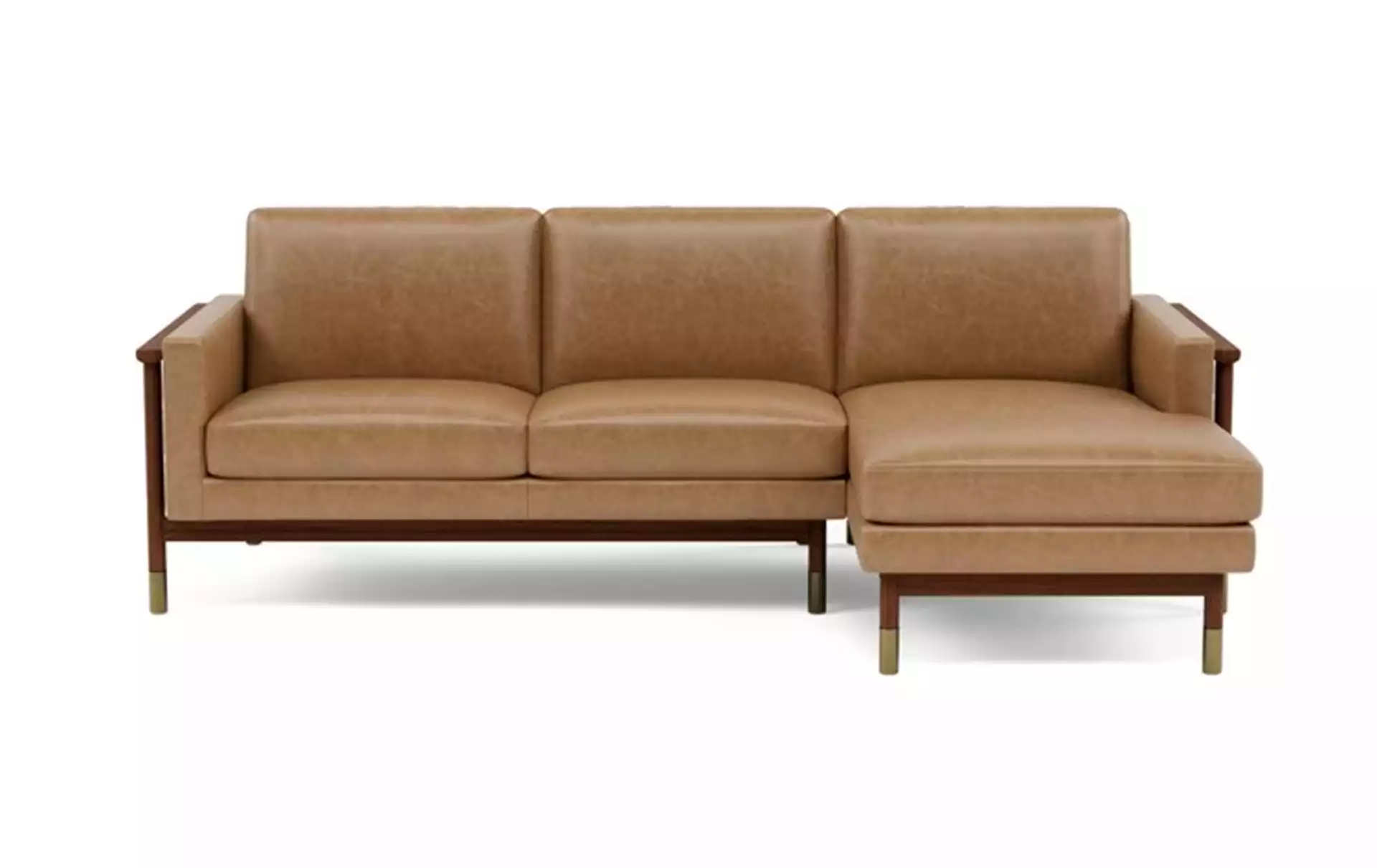 Jason Wu Leather Right Sectional with Brown Palomino Leather, extended chaise, and Oiled Walnut with Brass Cap legs