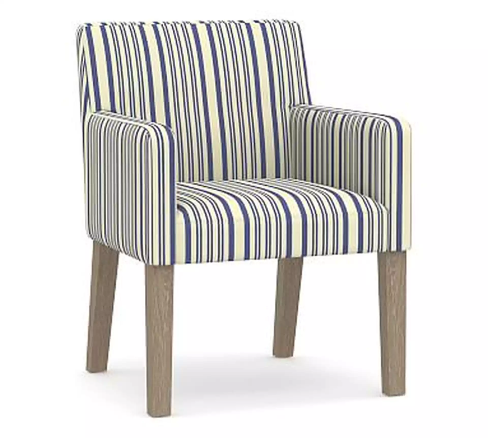 PB Classic Upholstered Dining Arm Chair, Seadrift Frame , Antique Stripe Blue