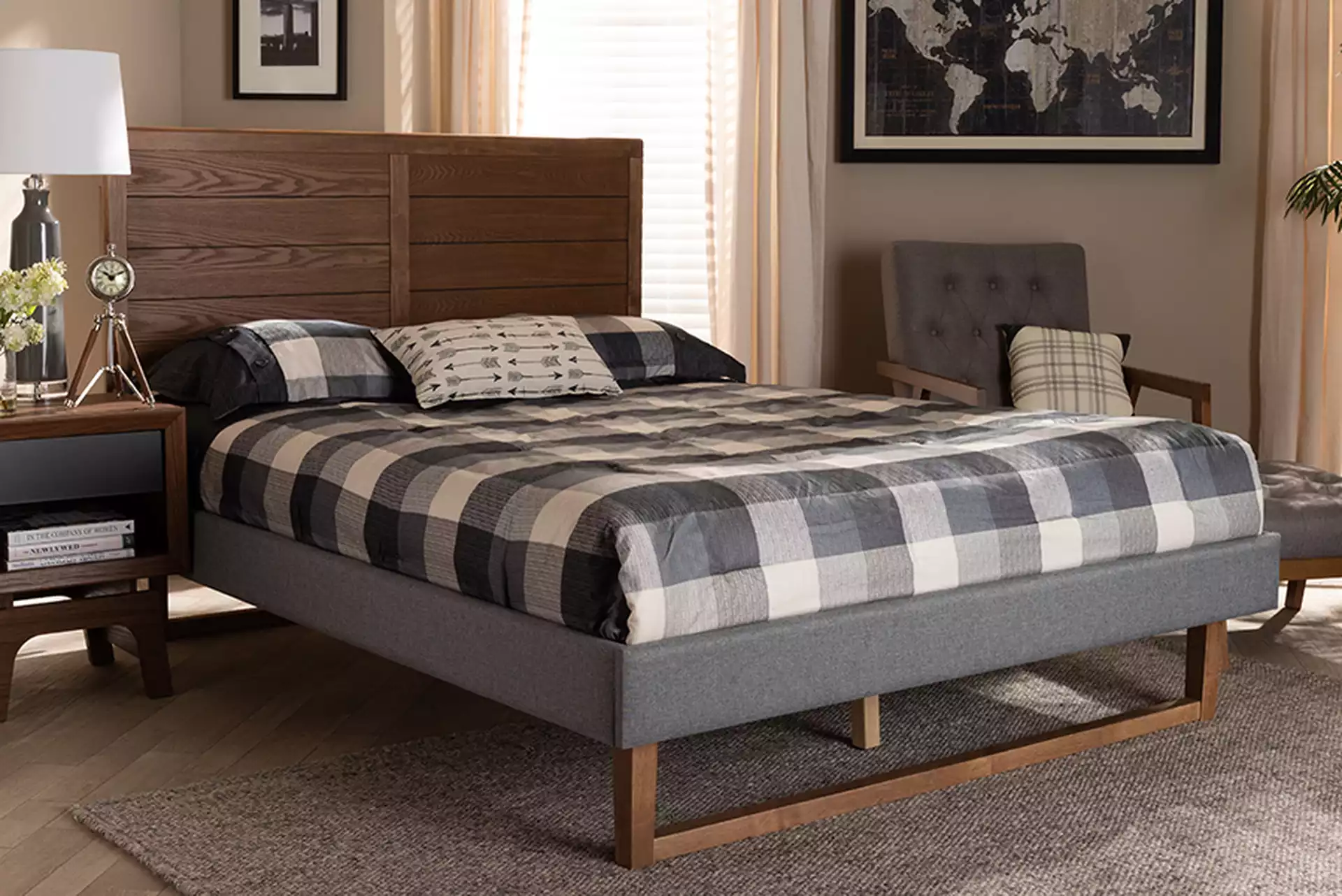 Gabriela Rustic Modern Dark Grey Fabric Upholstered and Ash Walnut Brown Finished Wood Full Size Platform Bed