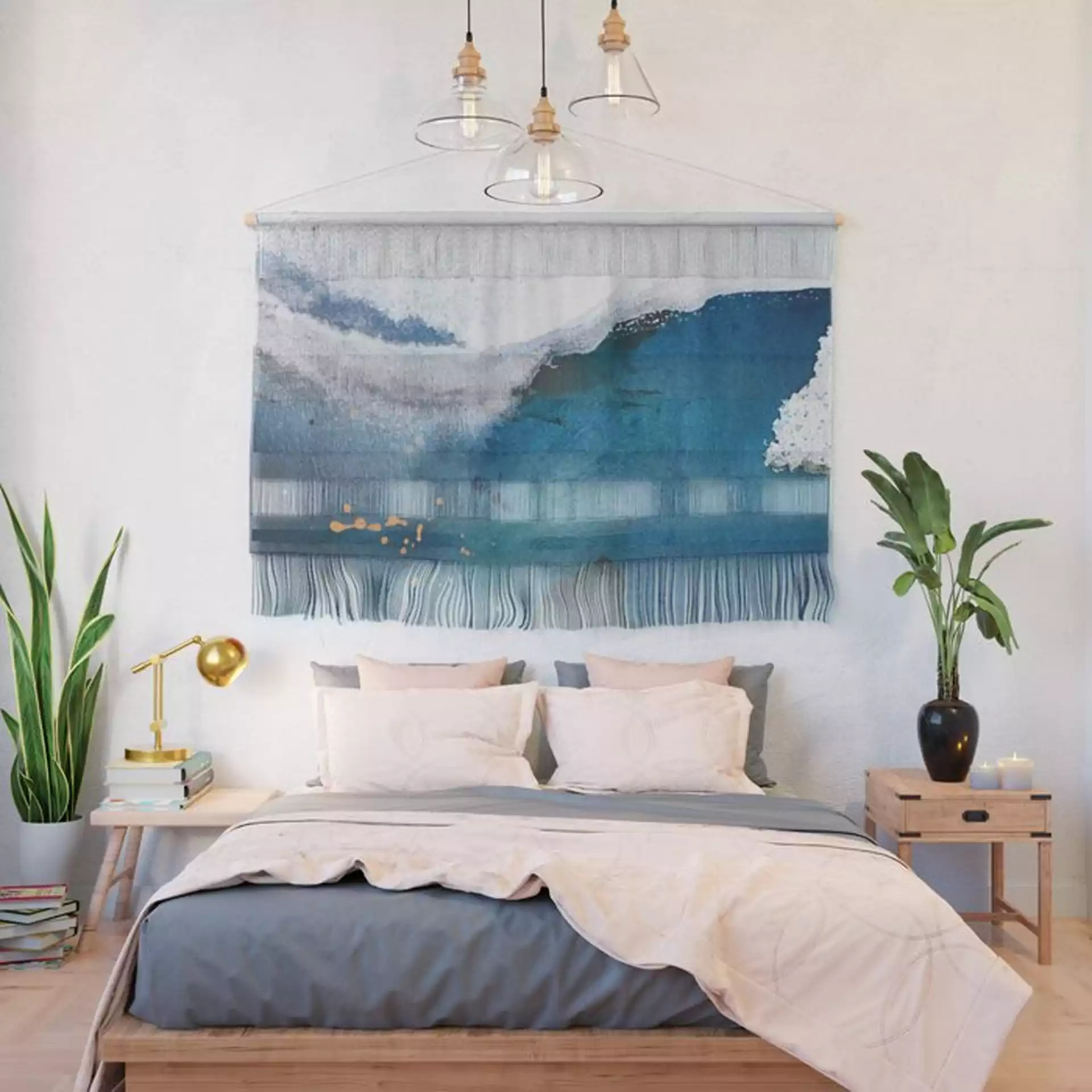 In The Surf: A Vibrant Minimal Abstract Painting In Blues And Gold Wall Hanging by Alyssa Hamilton Art - Large 47" x 32 1/4"