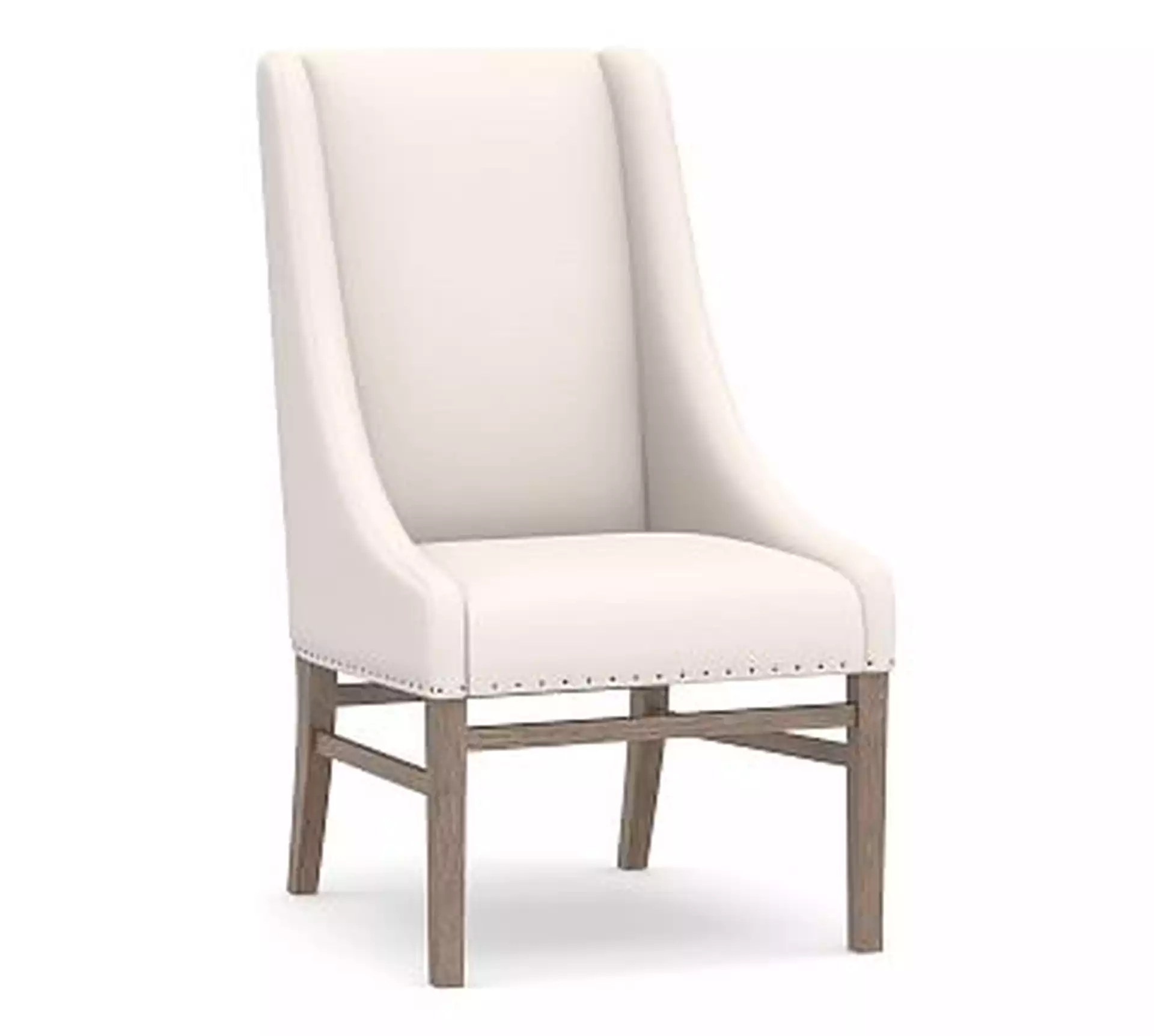 Milan Slope Arm Upholstered Dining Side Chair, Gray Wash Leg, Performance Chateau Basketweave Ivory
