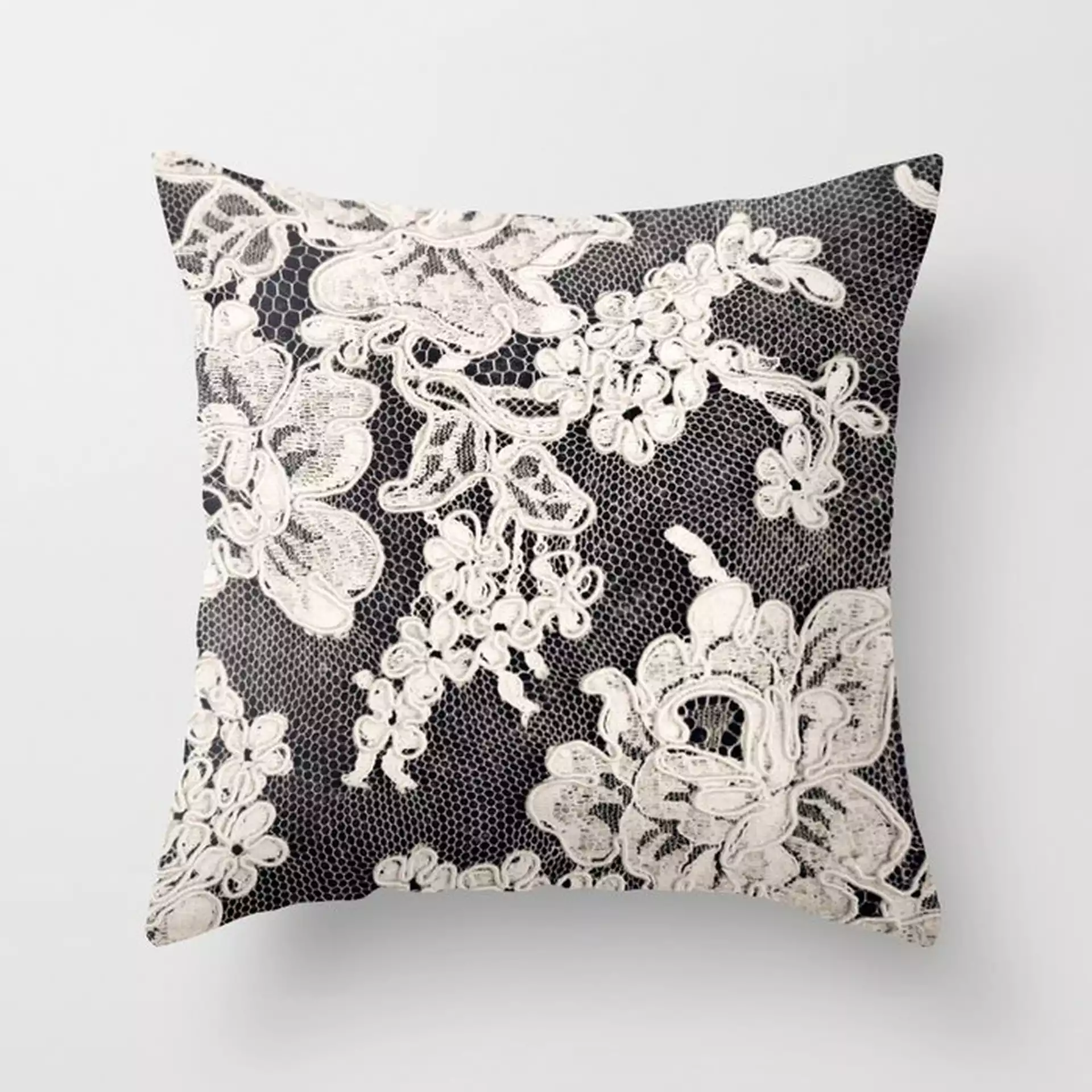Black And White Lace- Photograph Of Vintage Lace Couch Throw Pillow by Sylvia Cook Photography - Cover (18" x 18") with pillow insert - Indoor Pillow