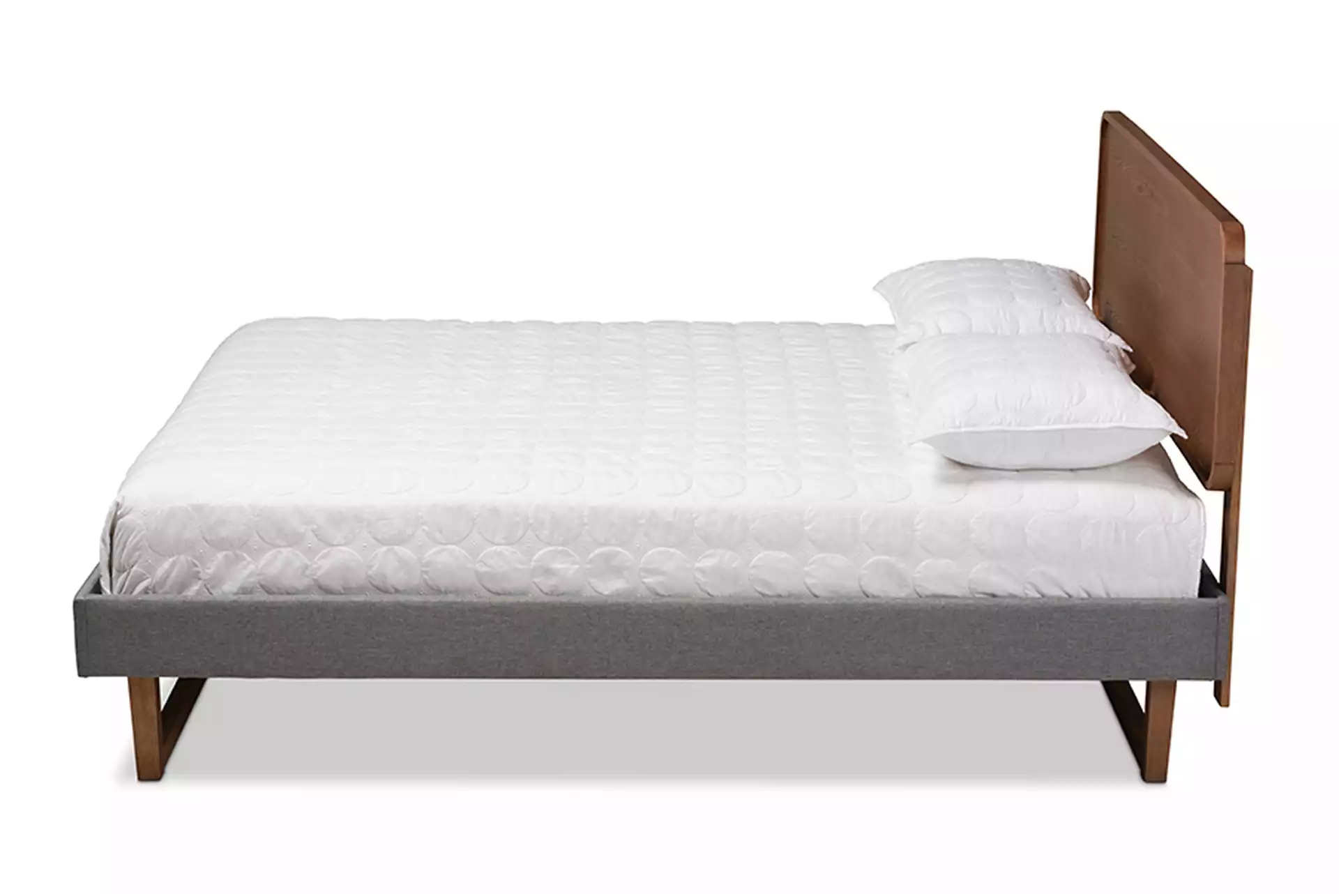 Ayla Mid-Century Modern Dark Grey Fabric Upholstered Walnut Brown Finished Wood King Size Platform Bed