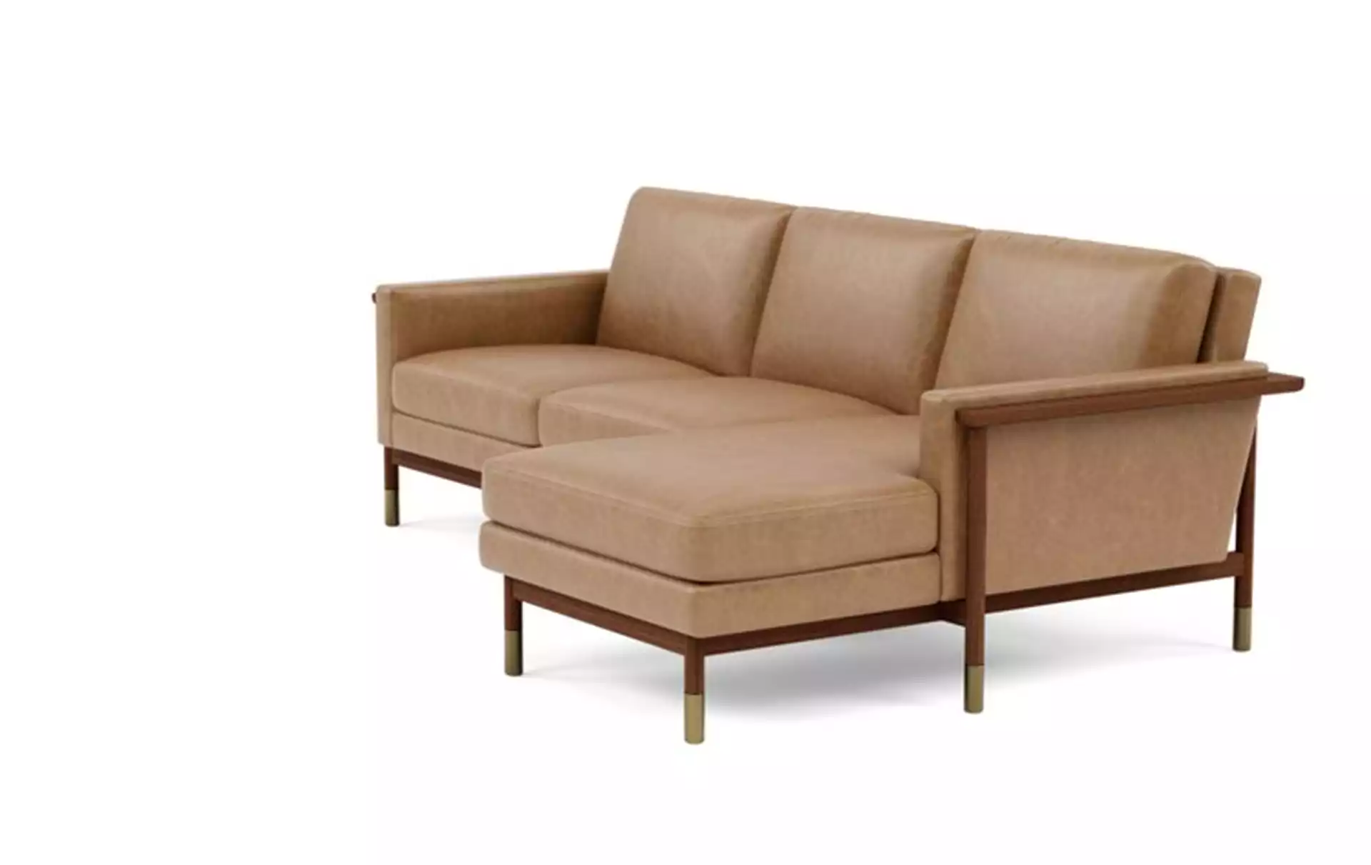 Jason Wu Leather Right Sectional with Brown Palomino Leather, extended chaise, and Oiled Walnut with Brass Cap legs