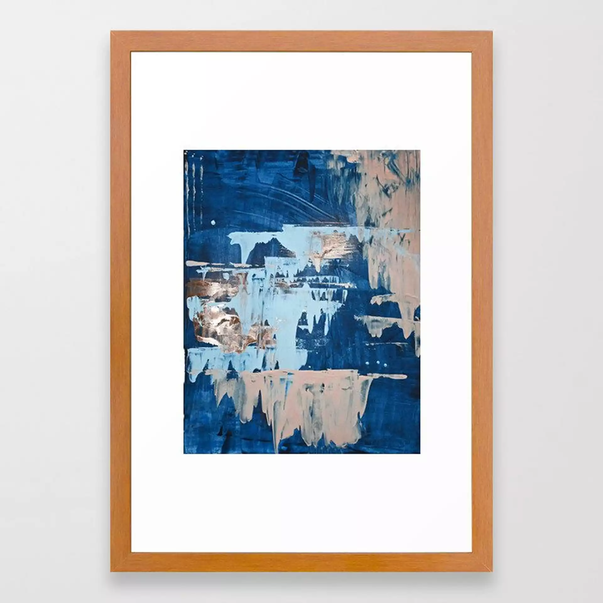 Lake Of The Ozarks: A Vibrant, Minimal Abstract Painting In Blue Pink And Gold By Alyssa Hamilton Art Framed Art Print by Alyssa Hamilton Art - Conservation Pecan - SMALL-15x21