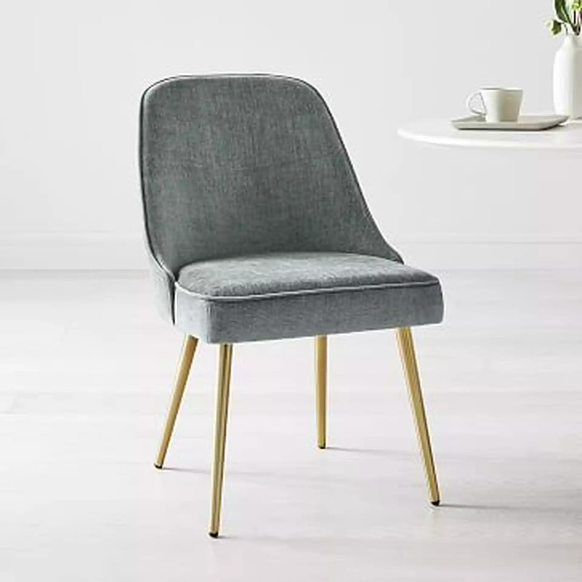 Mid-Century Upholstered Chair, Blackened Brass, Distressed Velvet, Mineral Gray