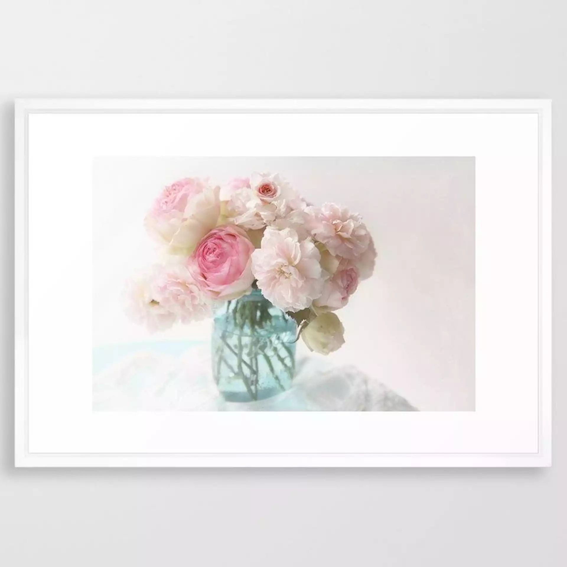 Pink Roses In Blue Jar Framed Art Print by Sylvia Cook Photography - Vector White - LARGE (Gallery)-26x38