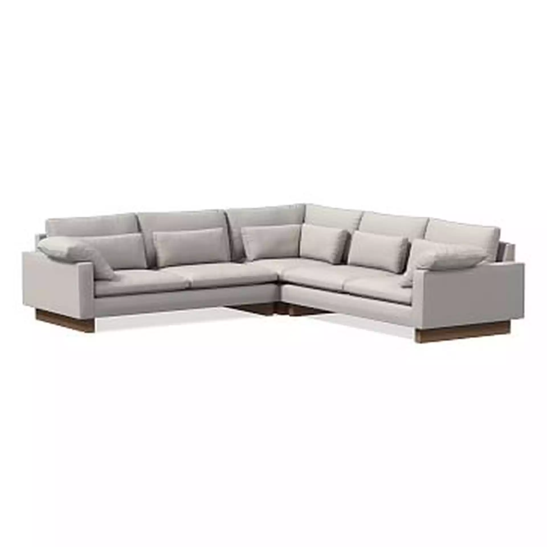 Harmony 2.5-Seat 3-Piece Corner Sectional, Down Blend, Performance Yarn Dyed Linen Weave, Frost Gray, Walnut