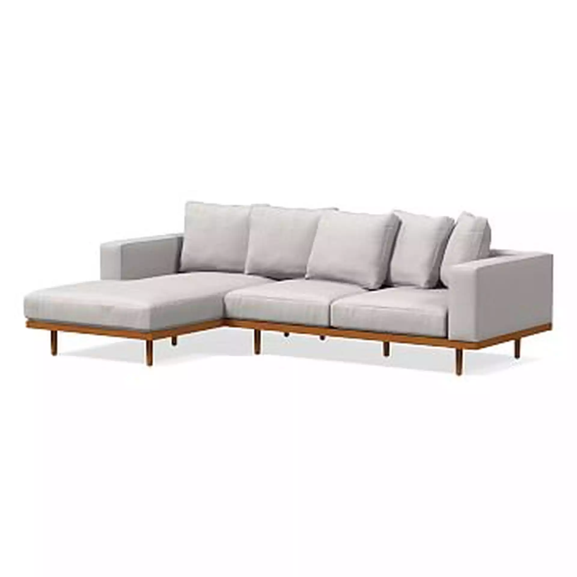Newport Sectional Set 02: Right Arm Sofa, Left Arm Chaise Toss Back Cushion, Down, Performance Coastal Linen, Dove, Pecan